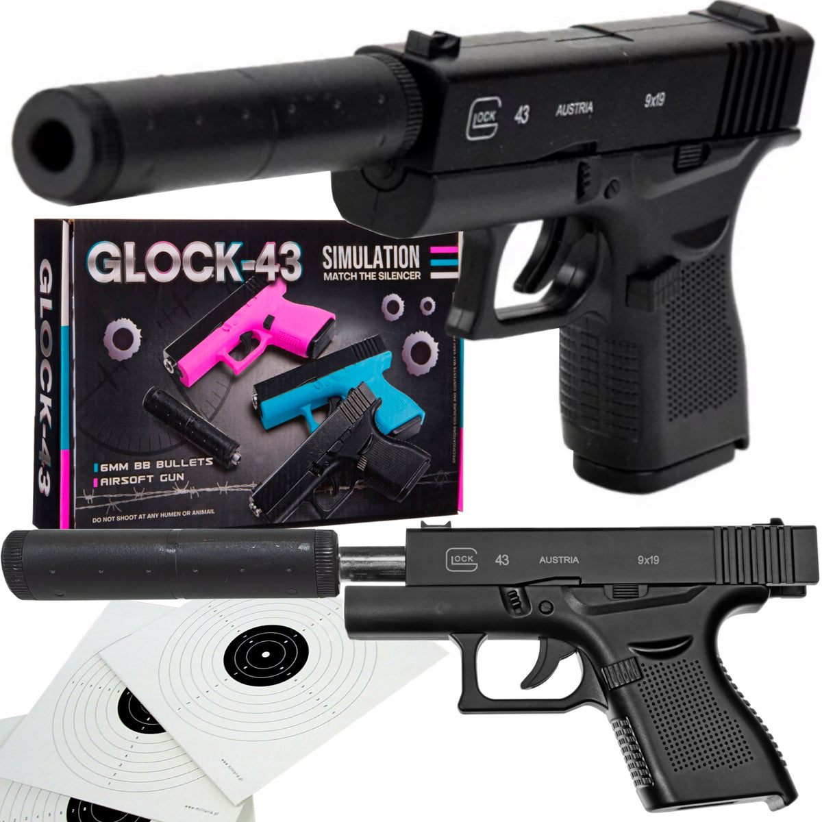 GLOCK 43 METAL GUN FOR BALLS WITH SILENCER REPLICA RIFLE IMITATION