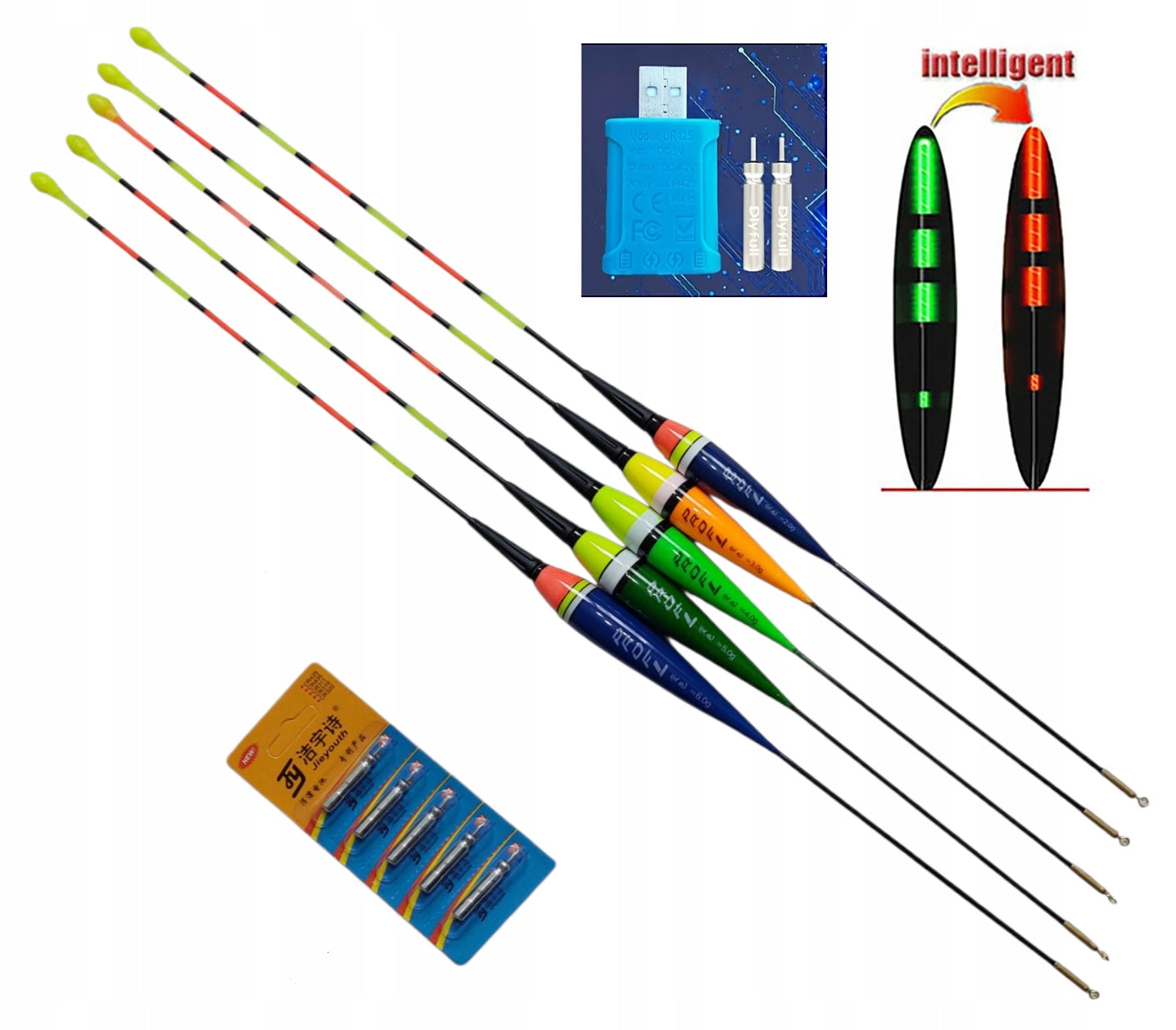 GLOWING FLOATS 5 pcs set 2,3,4,5,6 g BATTERIES 7 pcs CHARGER