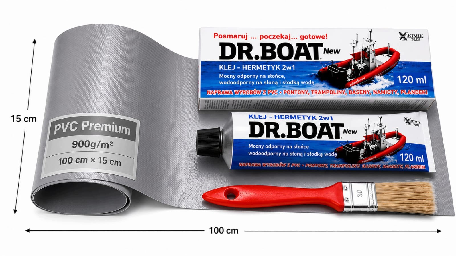 GLUE 120 ml + LARGE PATCH 1m x 15 cm REPAIR KIT PONTOON TARPAULIN Packaging status original