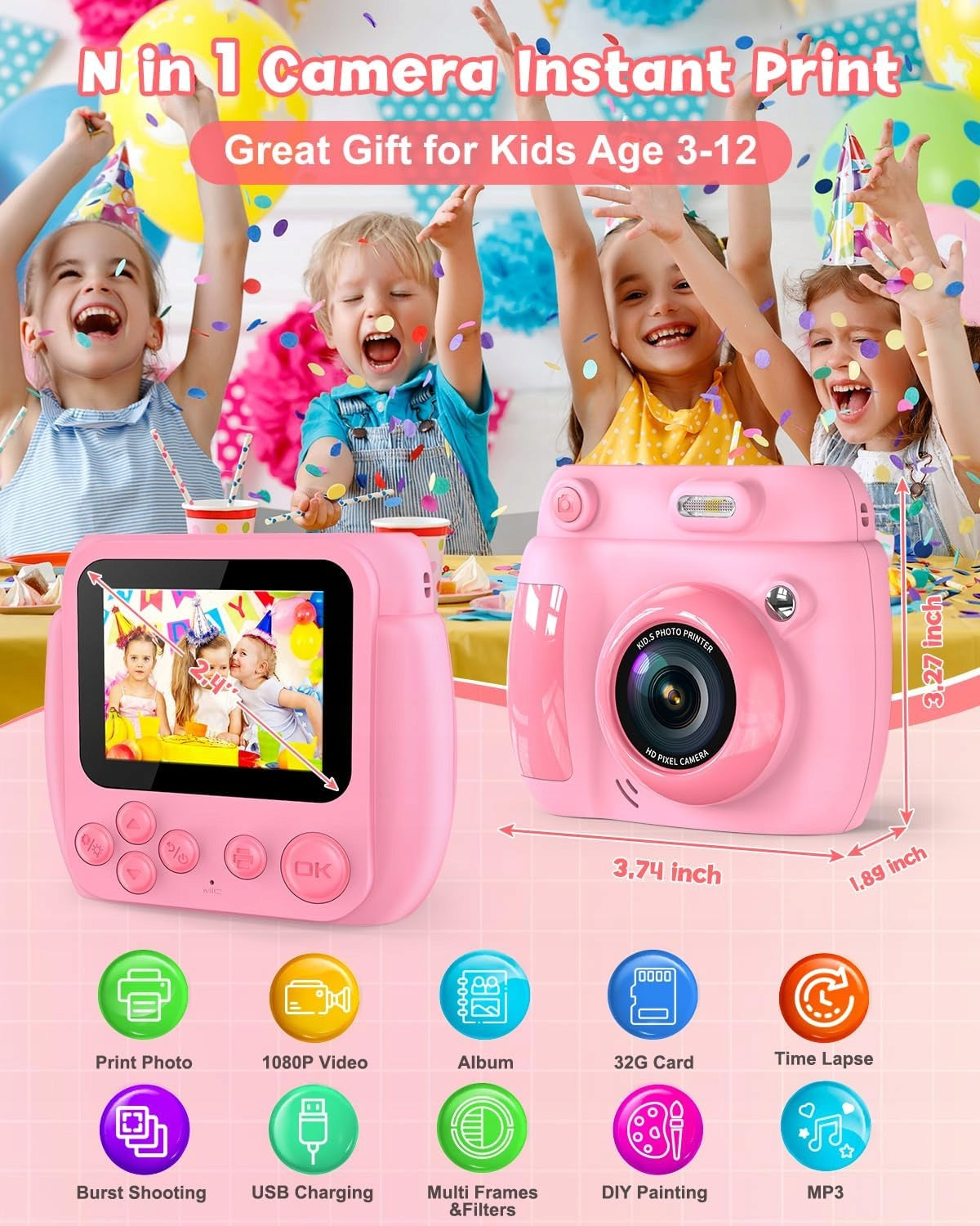 GOFUNLY KIDS CAMERA WITH PRINTER 1080P 32GB 3 ROLLS PINK Brand no brand