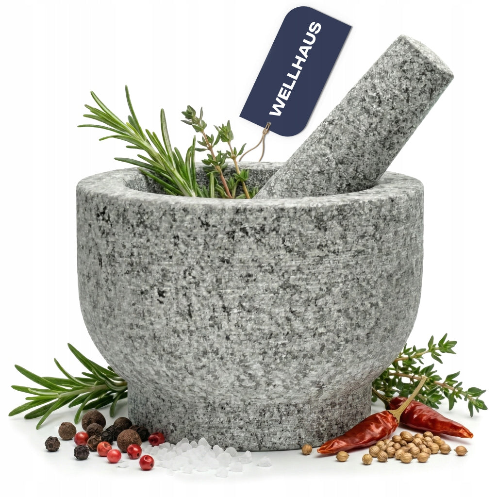 GRANITE MORTAR STONE WITH PESTLE LARGE XXL FOR SPICES WELLHAUS