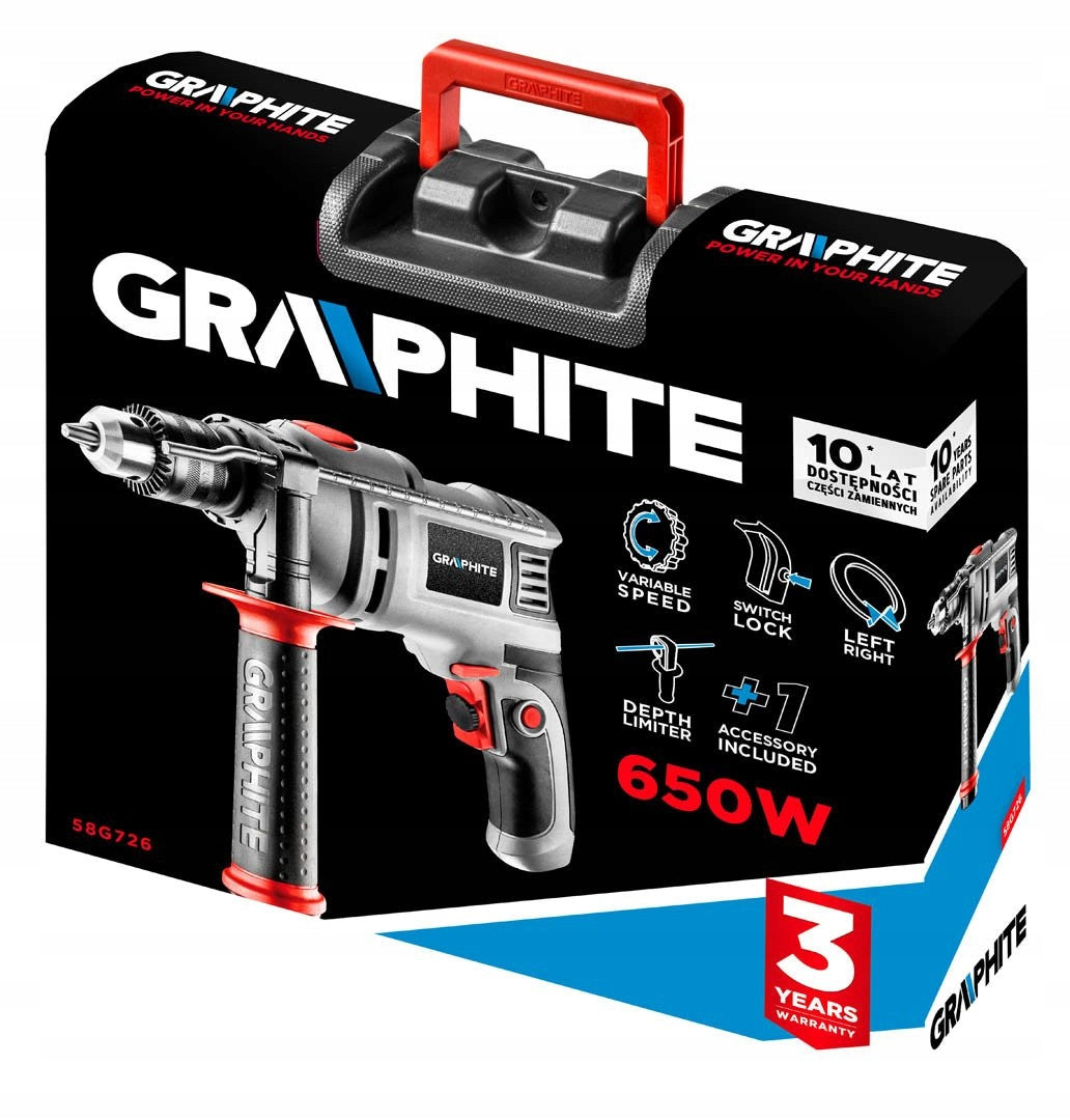 GRAPHITE 58G726 Impact Drill 650W Key Holder 13mm RPM 0-3000 Brand GRAPHITE