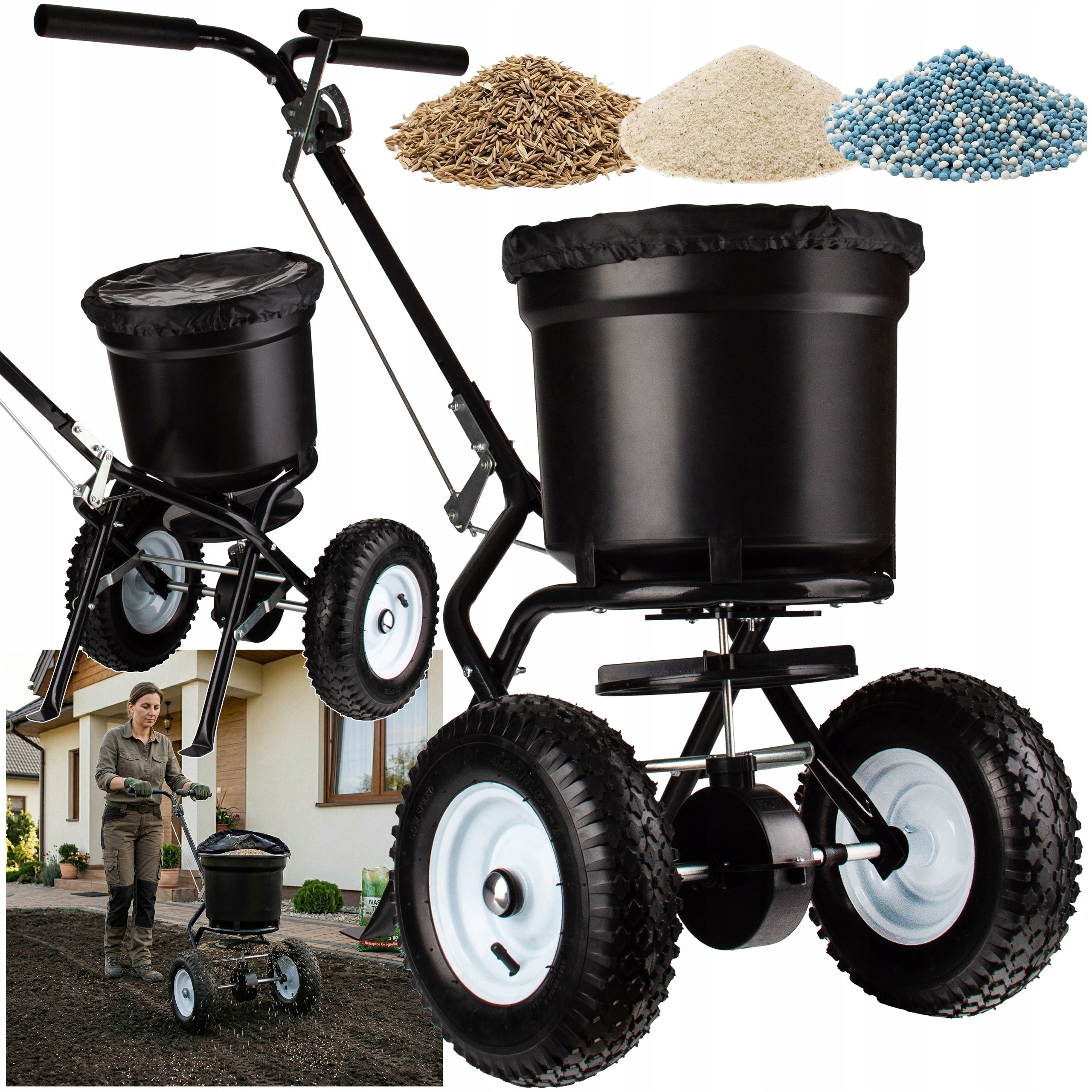 GRASS SEED DRILL 25L MANUAL SAND SALT SEED FERTILIZER SPREADER ON WHEELS