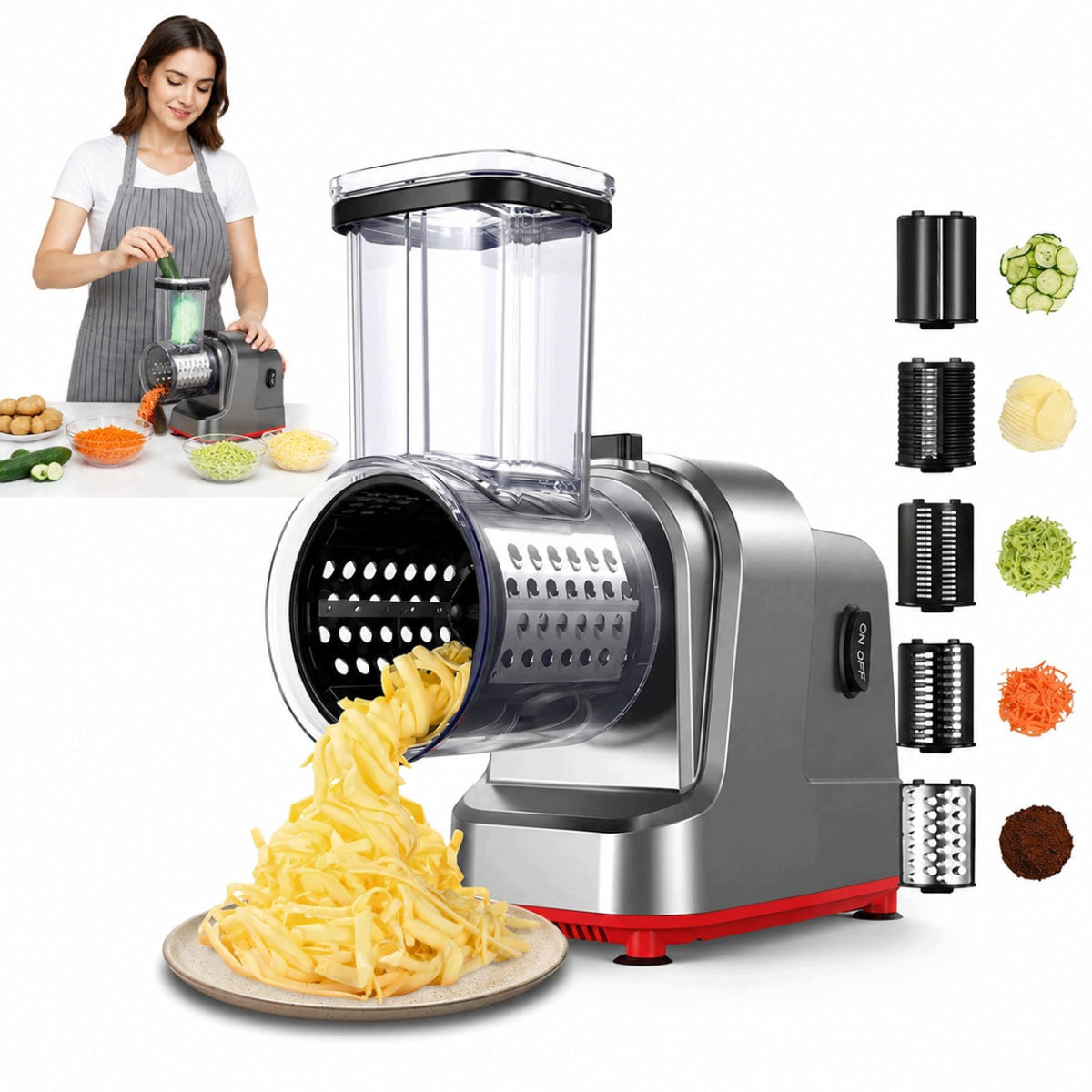 GRATER POTATO FRICTION MACHINE ELECTRIC SLICER 250W STRONG 5IN1