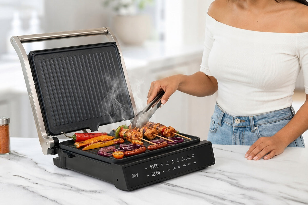GRILL ELEKTRYCZNY XL 2000W Z WYJMOWANYMI PŁYTAMI OTWIERANY DO 180° OLVY Brand Olvy
