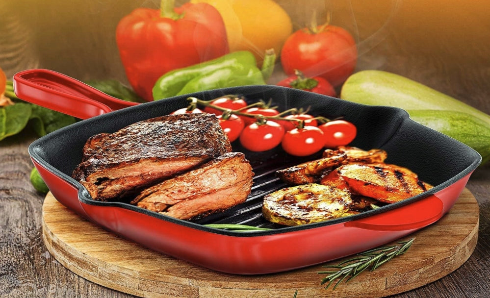 GRILL PAN 28 CM CAST IRON NUTRICHEF RED Brand NUTRICHEF