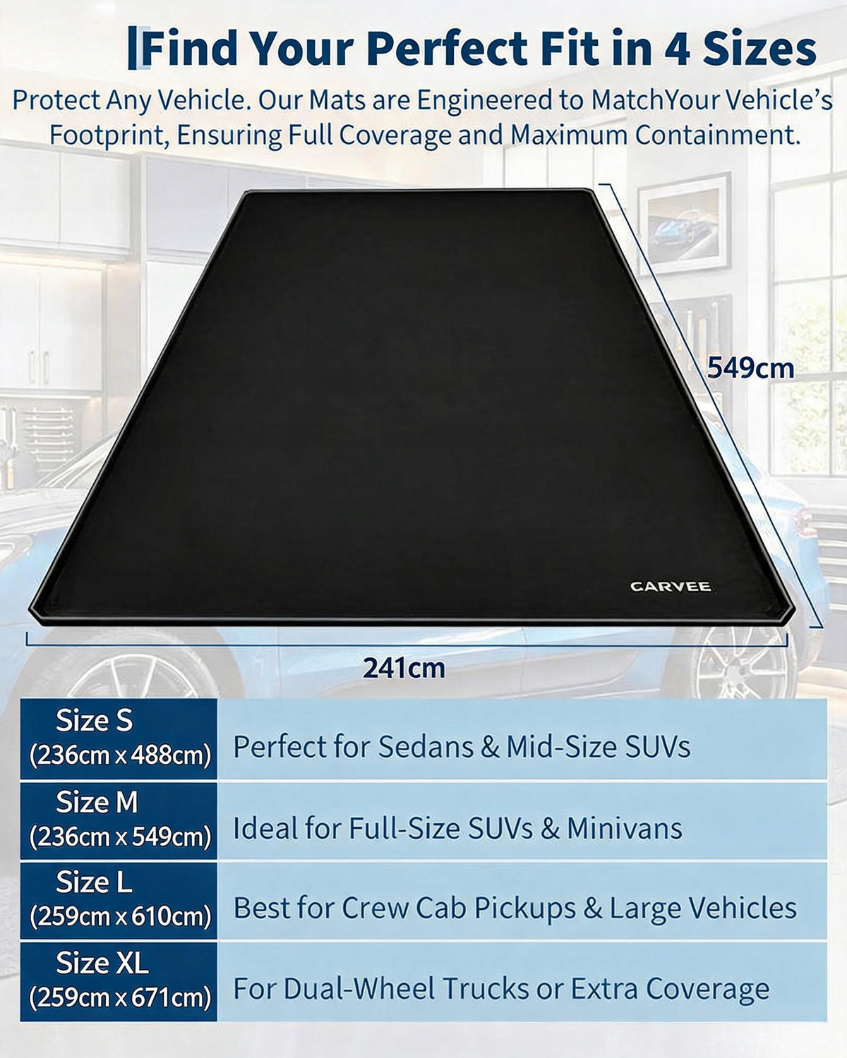 Garage Parking Mat, 1000D PVC, Non-Slip, 3cm Raised Edge, Black, 241×549cm Manufacturer's catalog number c6Y