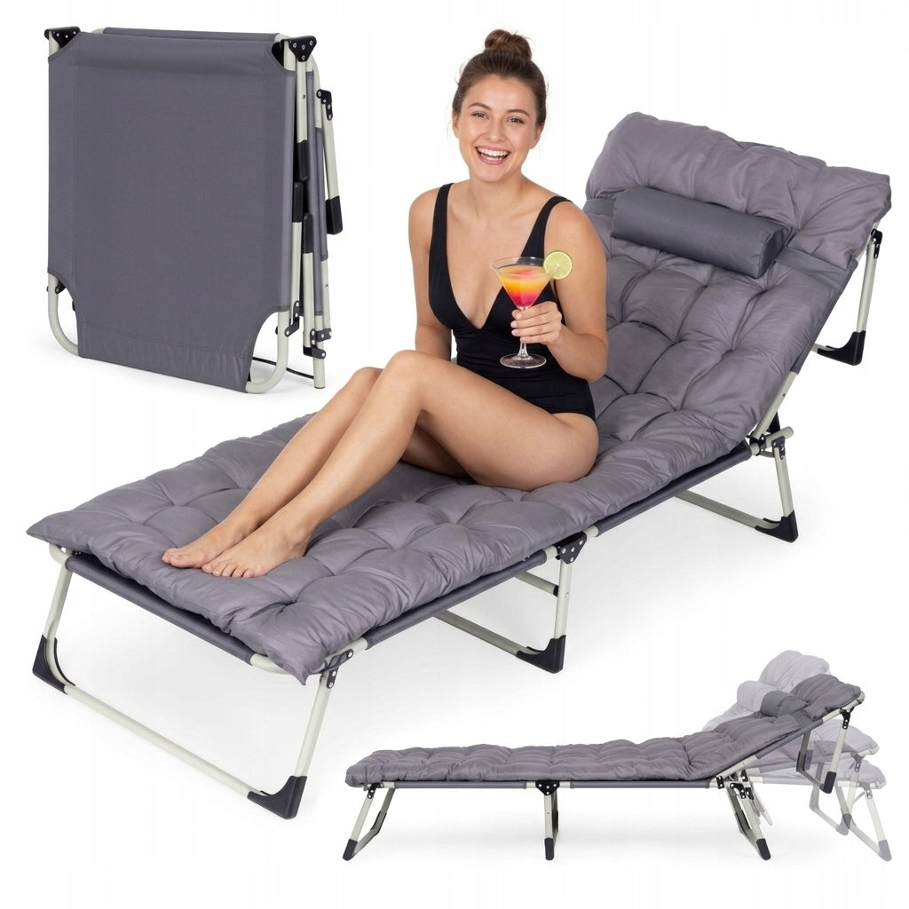 Garden Fishing Lounger Folding with Mattress and Cushion Grey