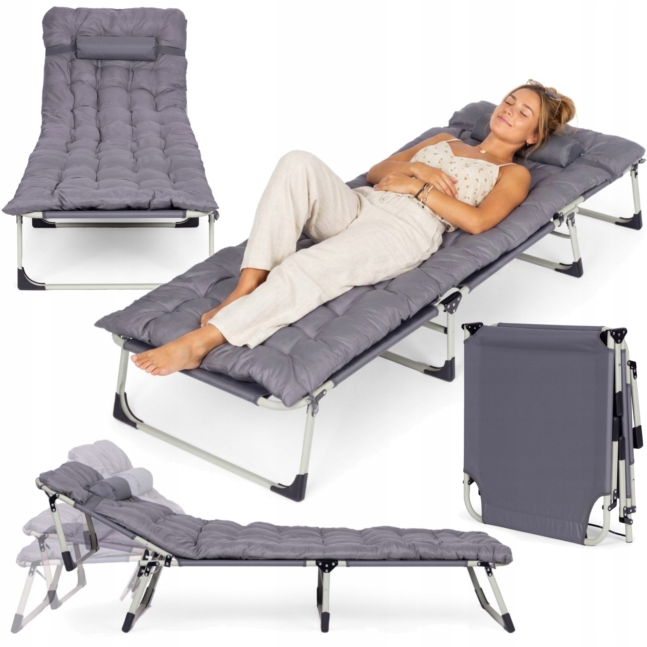 Garden Fishing Lounger Grey 193 cm Folding Lounger with Mattress Cushion