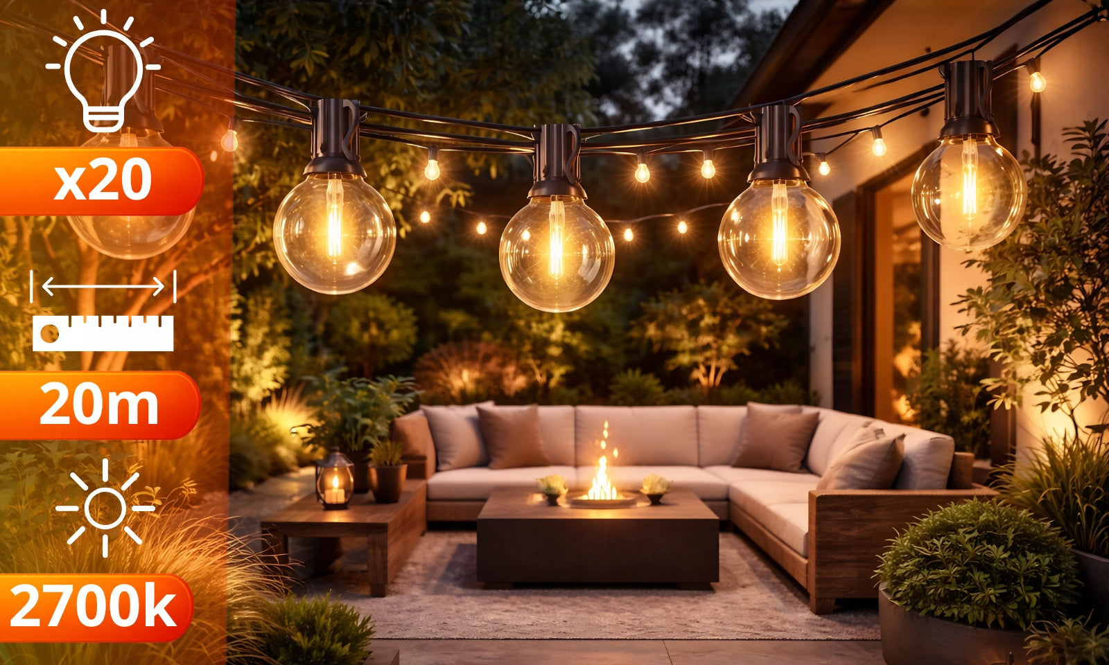 Garden GARLAND Light 20M 20X LED Bulb E12 Waterproof Lights THICK Manufacturer code LAMPKI OGRODOWE GRUBY PRZEWÓD KULKI 20m FX091