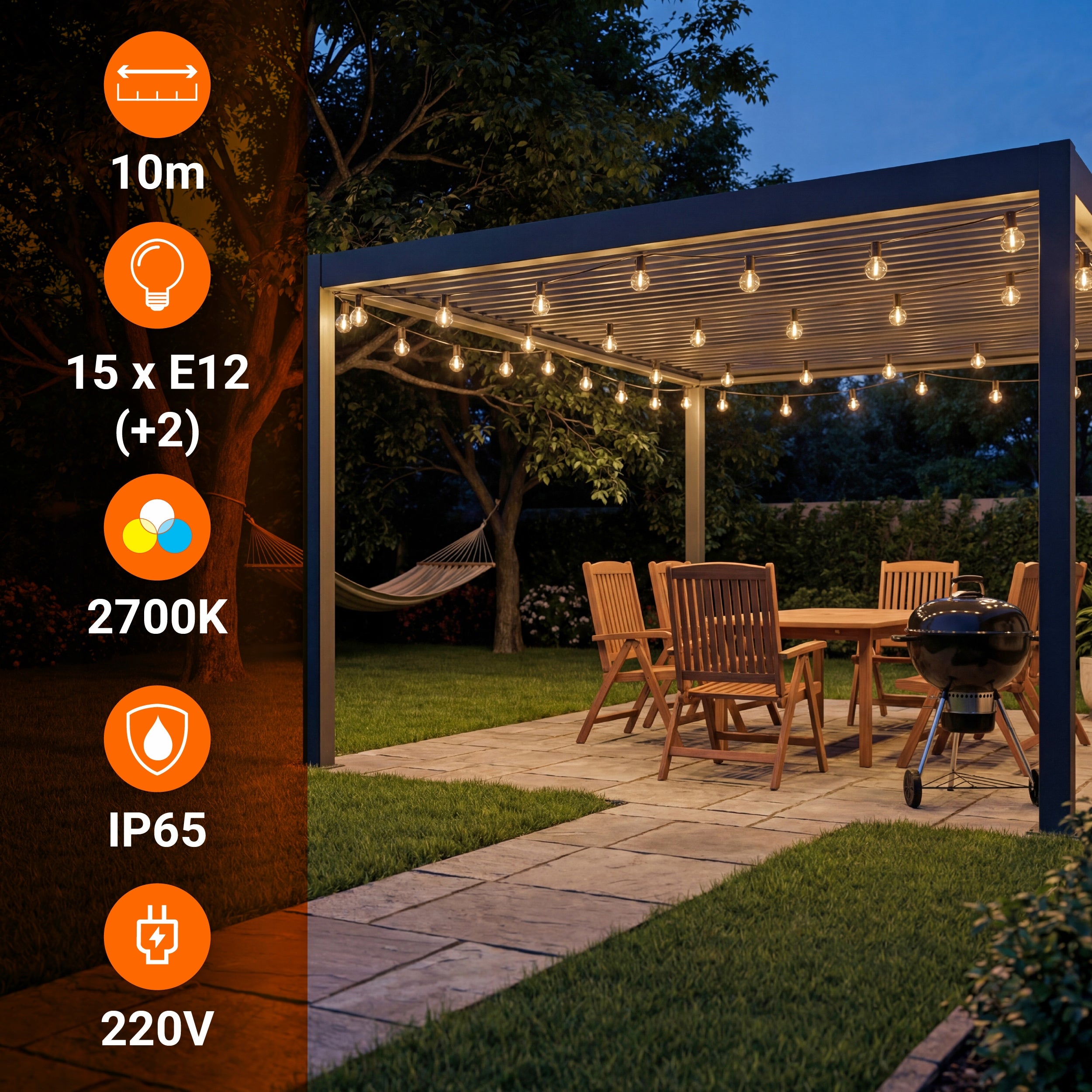 Garden Garland Light 10M 15X LED Bulb 1W Chain + freebie 2X E12 Packaging status original