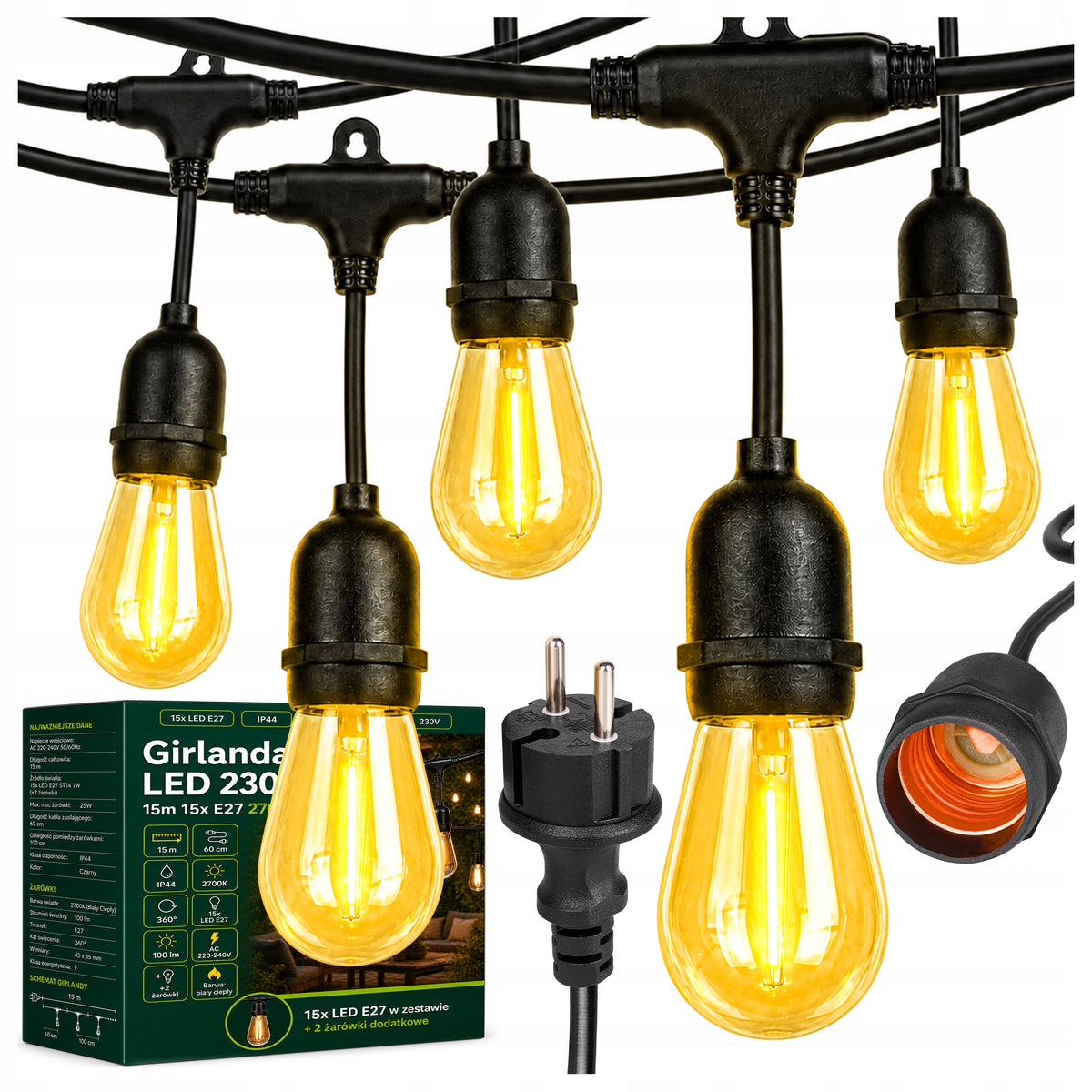 Garden Garland Light 15M 15X LED Bulb E27 Waterproof Cord