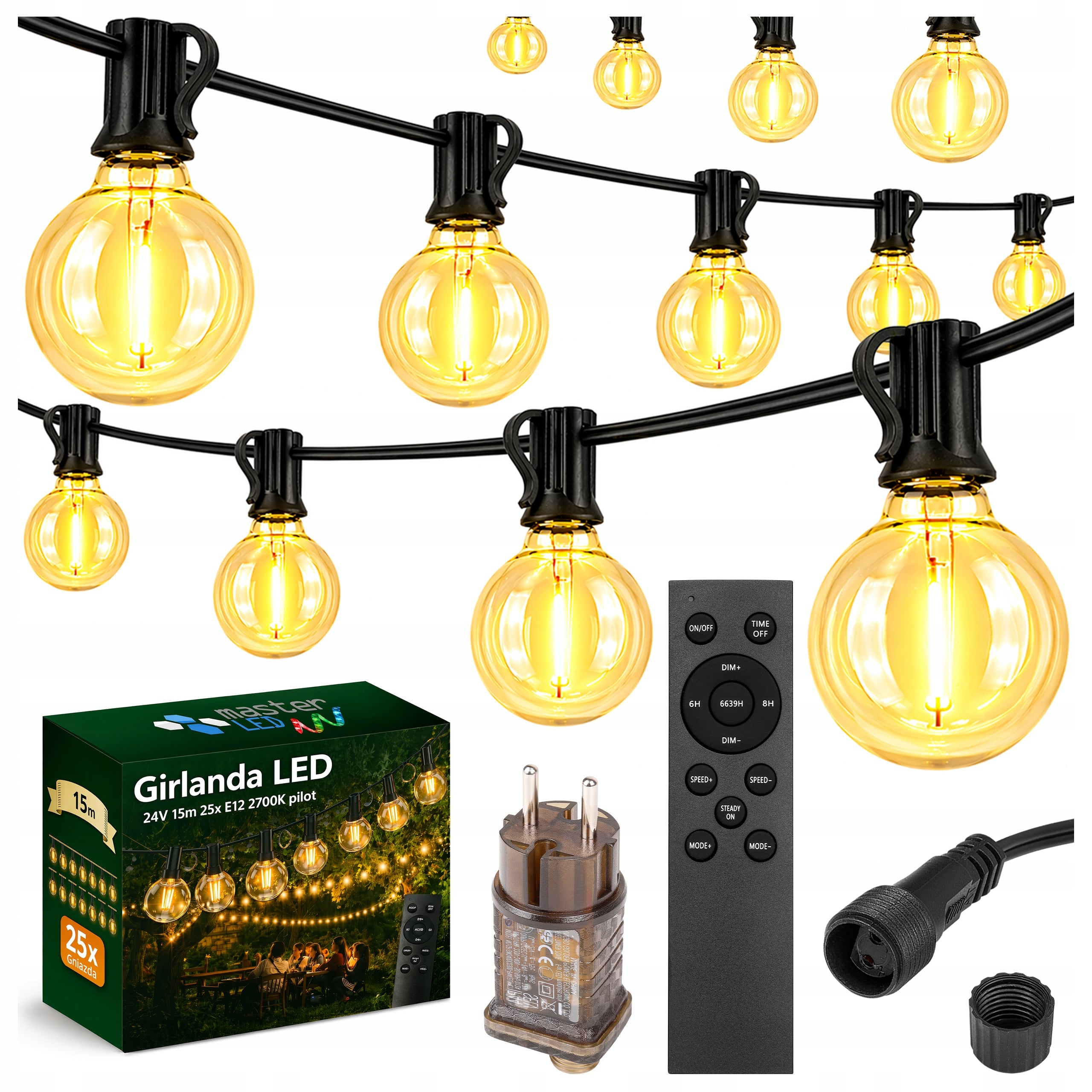 Garden Garland Light 15M 25X LED Bulb E12 Remote Control