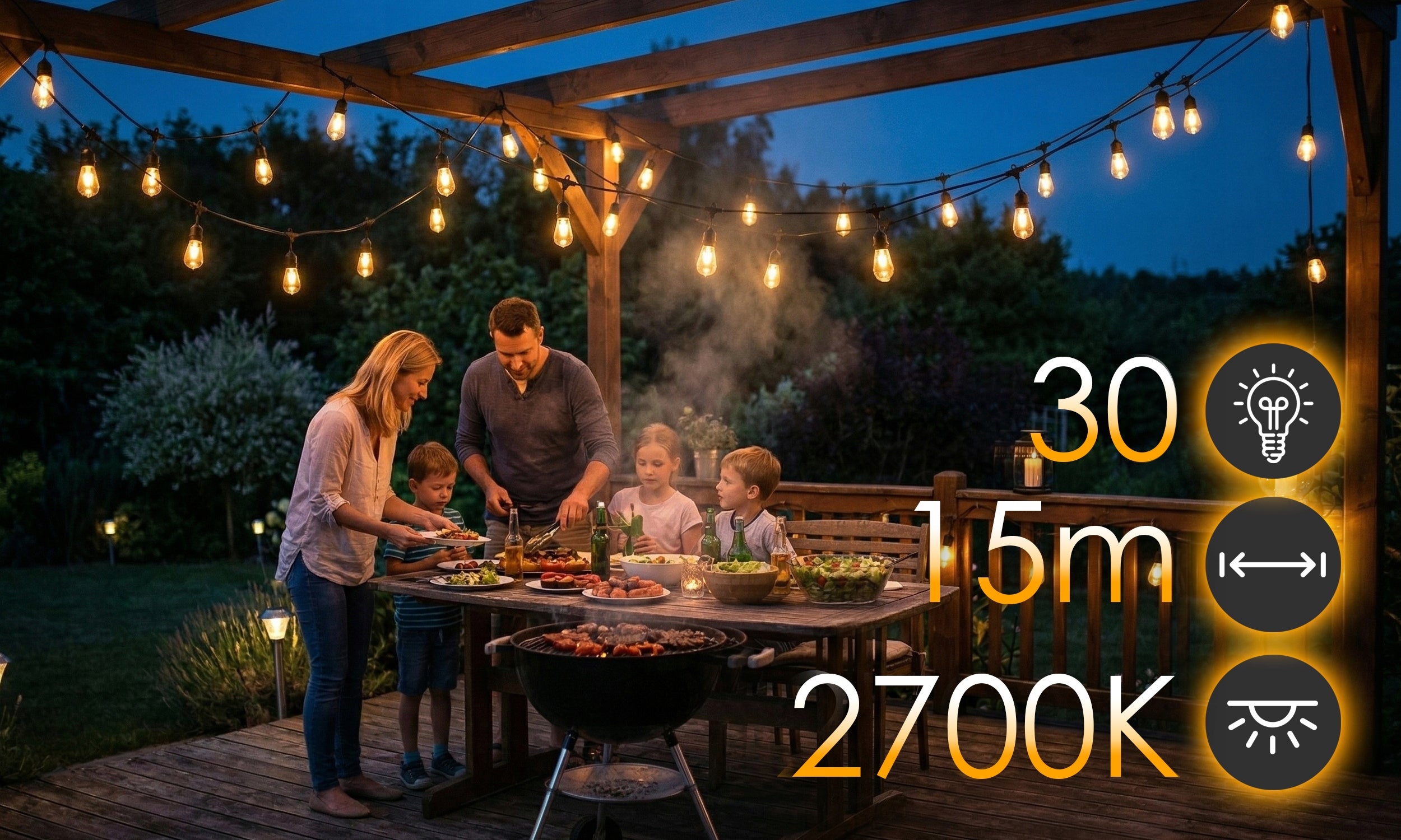 Garden Garland Light 15M 30X LED Bulb E27 Waterproof Chain Brand TAVO