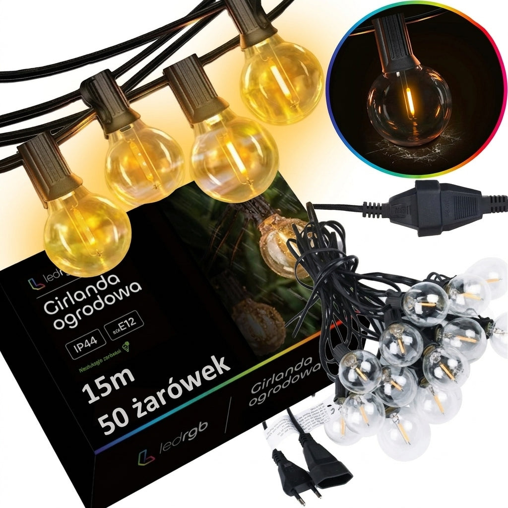 Garden Garland Light 15M 50 LED Bulb E12 Waterproof Cord IP67