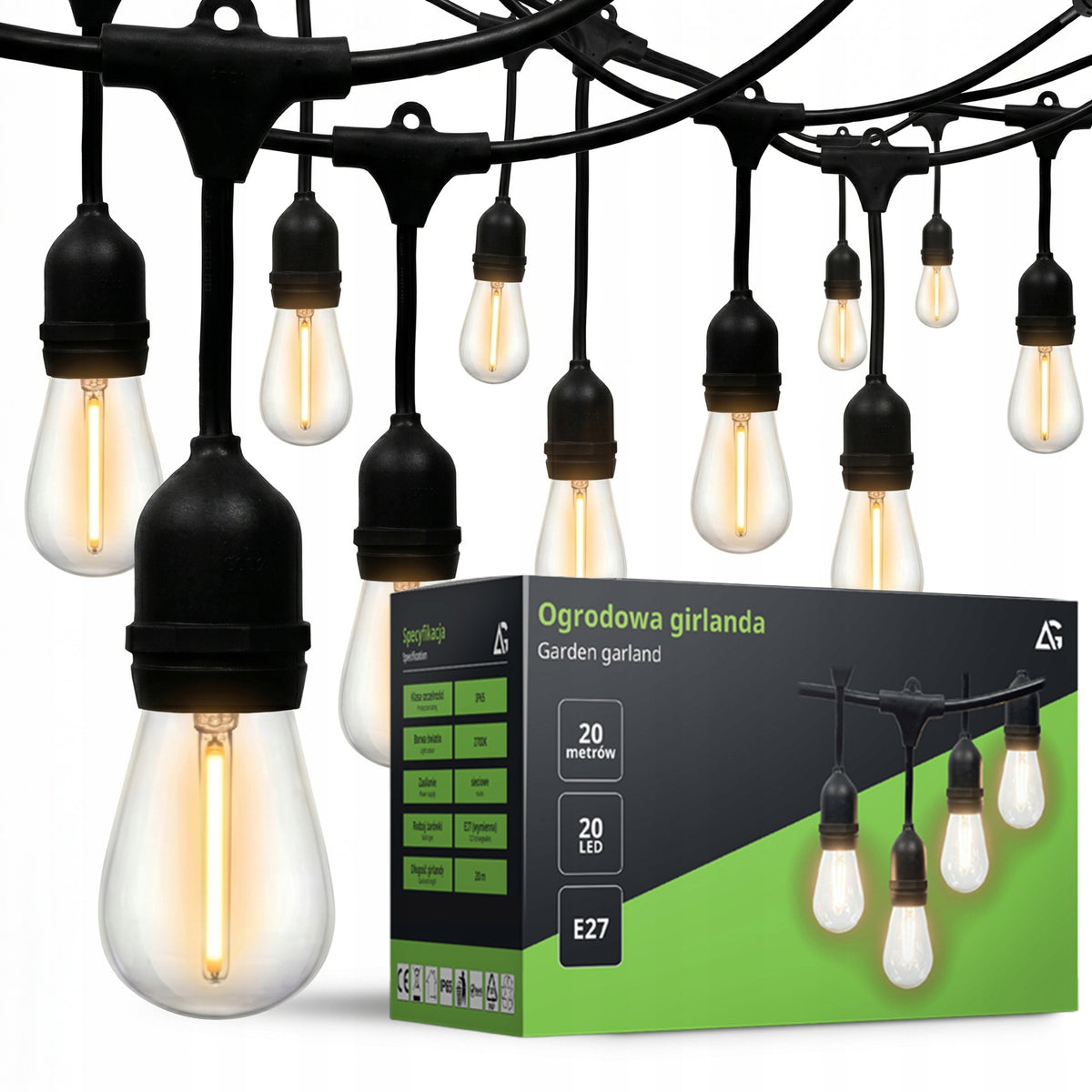 Garden Garland Light 20M 20X LED Bulb E27 + Waterproof Cord