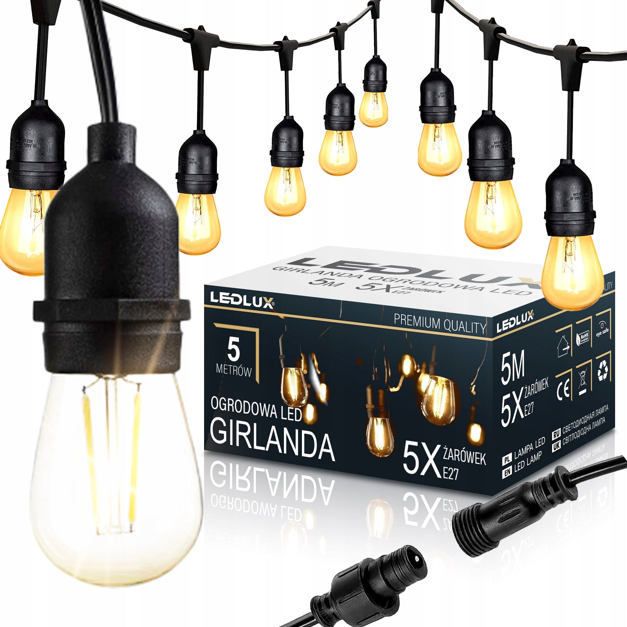 Garden Garland Light 5M 5X LED Bulb E27 + Waterproof Cord