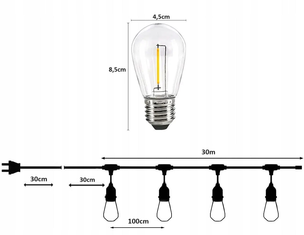 Garden Garland Light Chain Outdoor Waterproof 30x Bulbs 30m Length 3000 cm