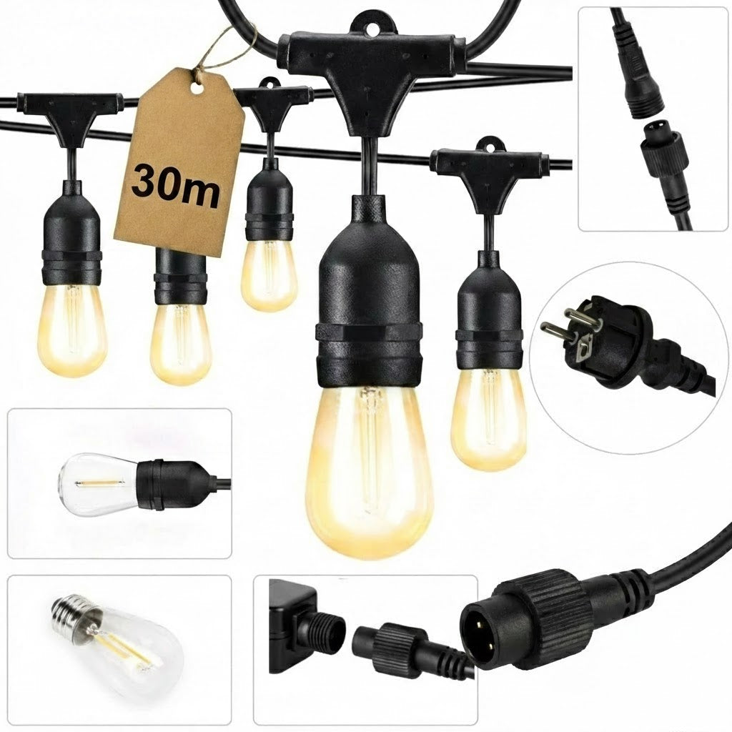 Garden Garland Light Chain Outdoor Waterproof 30x Bulbs 30m