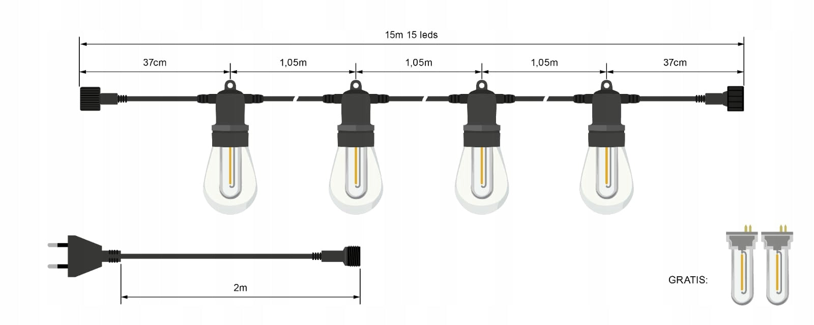 Garden Garland Light LED 15m Terrace Chain WATERPROOF 16x Bulbs Length 1500 cm