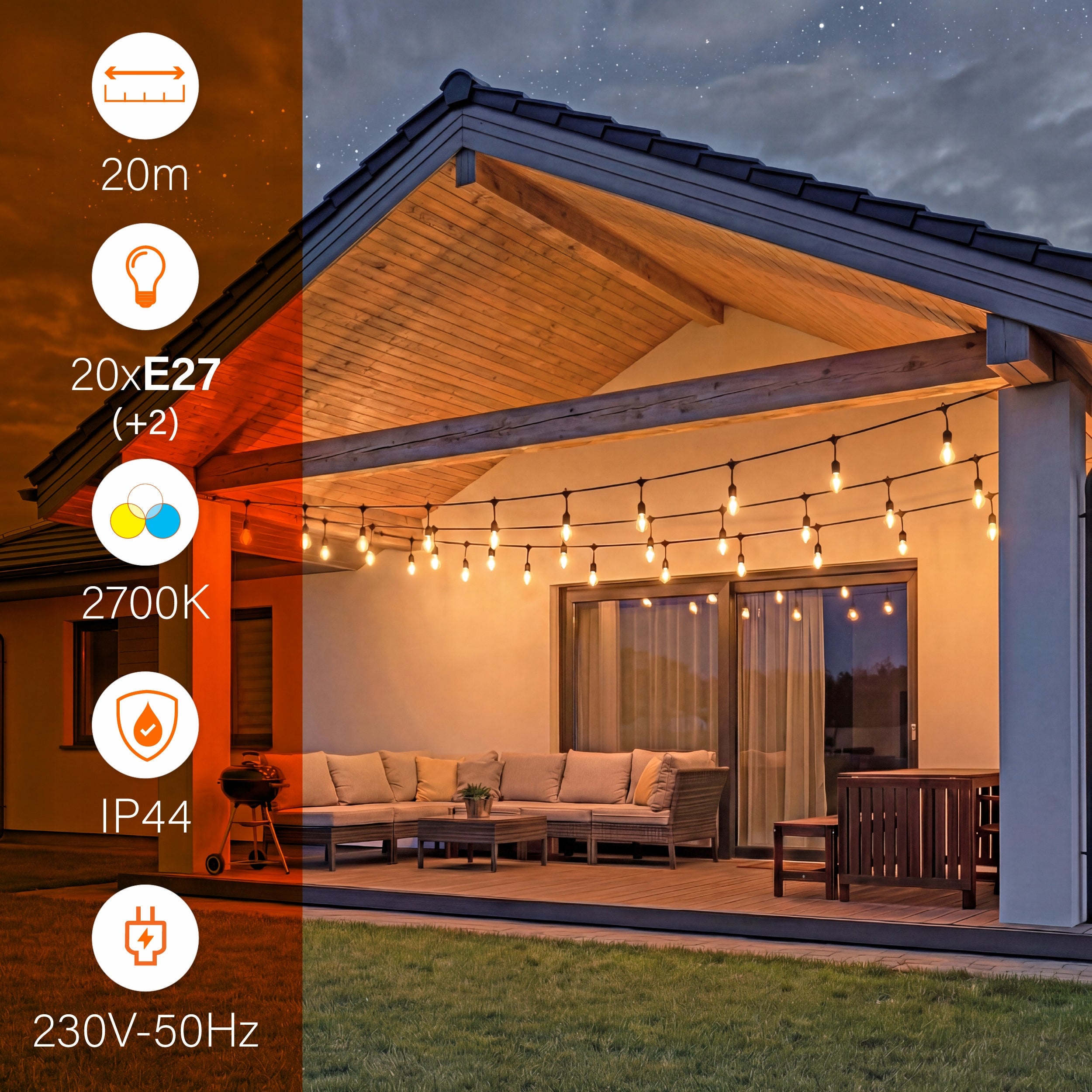 Garden Garland Lights 20M 20X E27 LED Bulb + Waterproof Cable Manufacturer code Łańcuch Girlanda 4536
