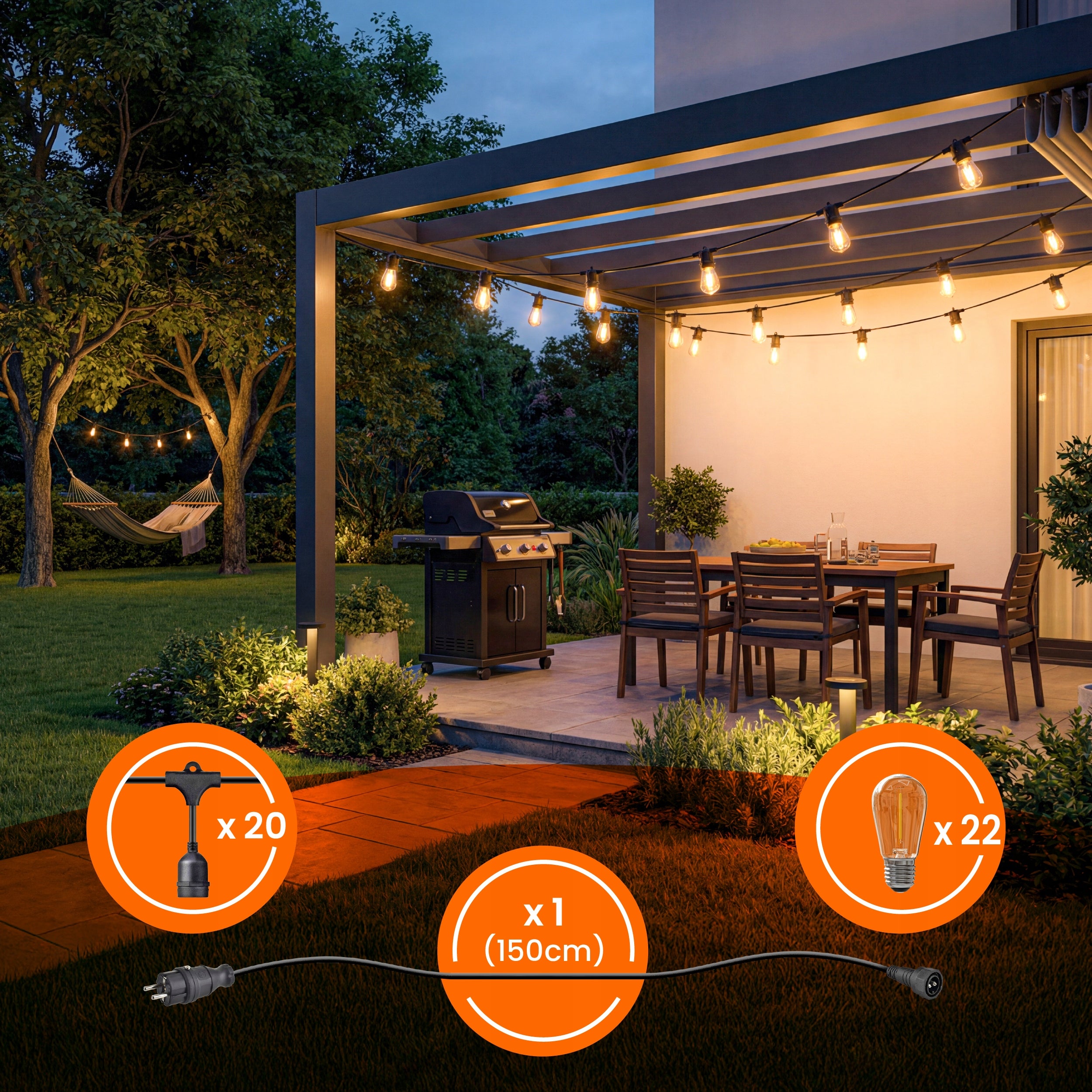 Garden Garland Lights 20M 20X E27 LED Bulb + Waterproof Cable Power supply mains