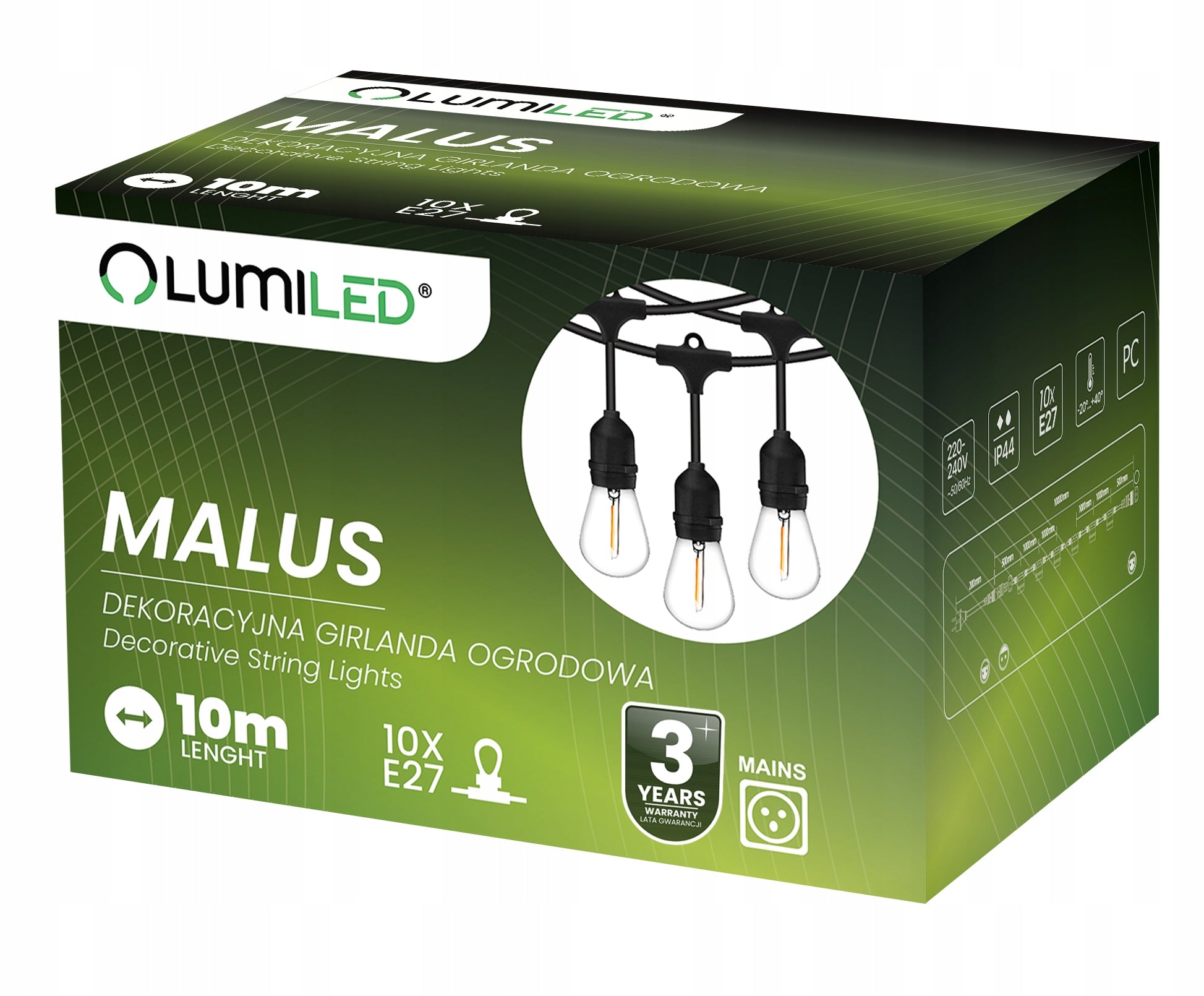 Garden Garland OUTDOOR Chain Bulb FILAMENT 10m 10x E27 PREMIUM Brand Lumiled