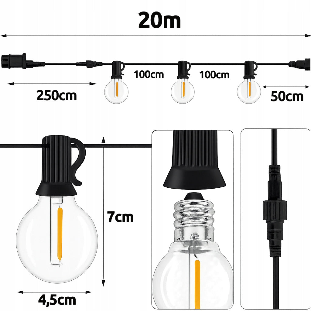Garden Garland Outdoor Chain 20m + 20x LED Bulb G40 + 2x freebie Power supply mains
