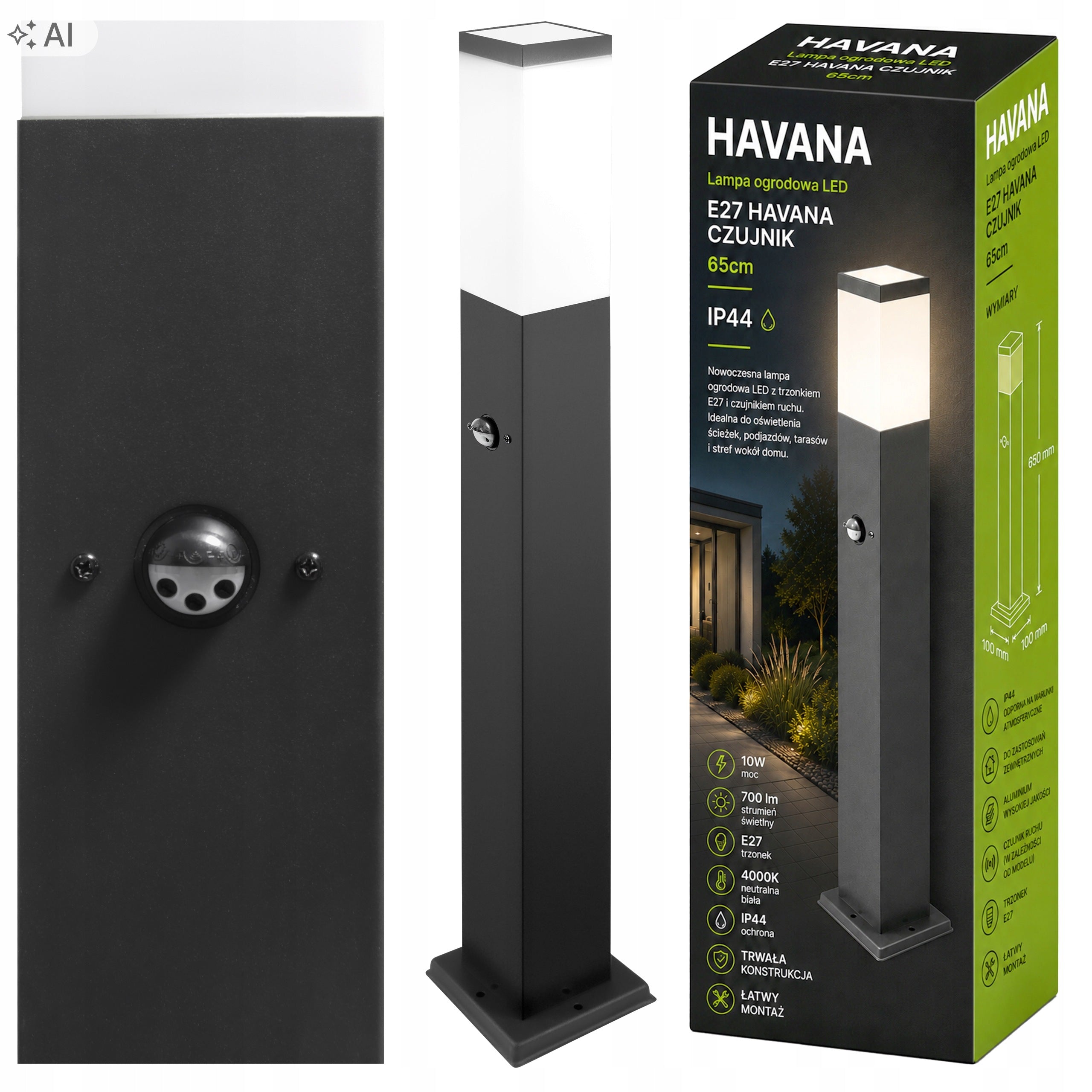 Garden Lamp Standing LED Post 65cm Outdoor MOTION SENSOR E27 Black