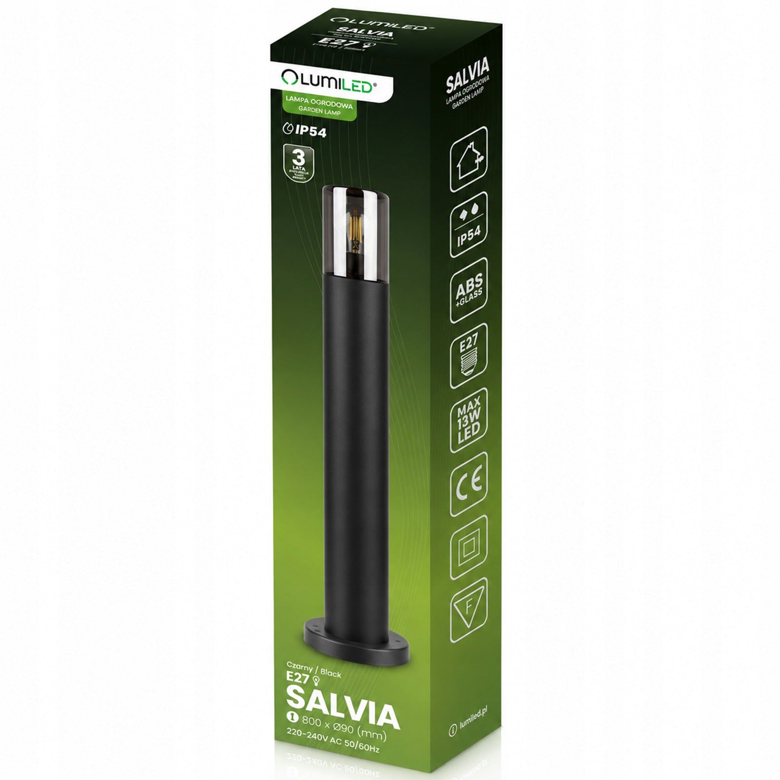 Garden Lamp Standing Outdoor LED Post E27 Black Glass IP54 80cm Brand Lumiled