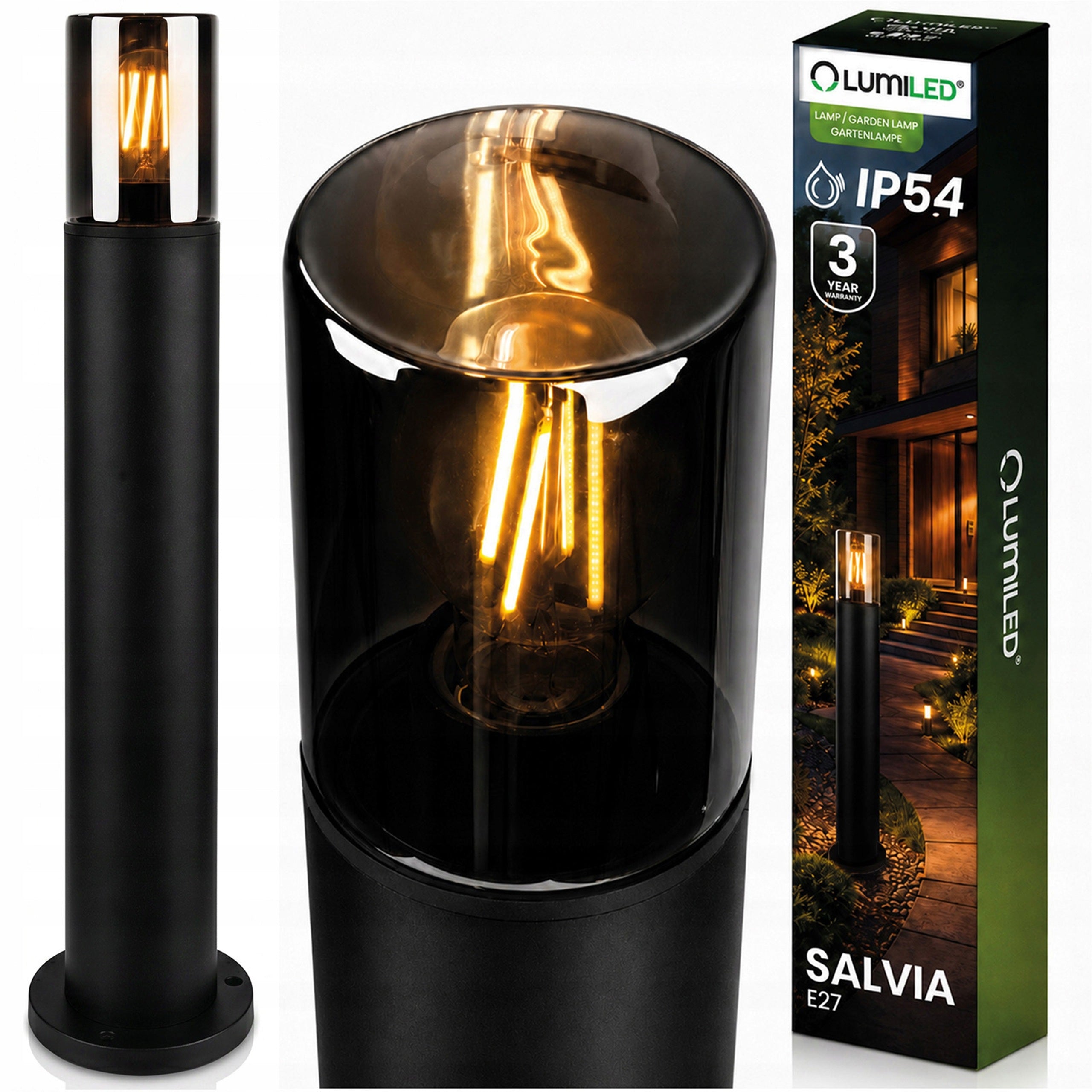 Garden Lamp Standing Outdoor LED Post E27 Black Glass IP54 80cm