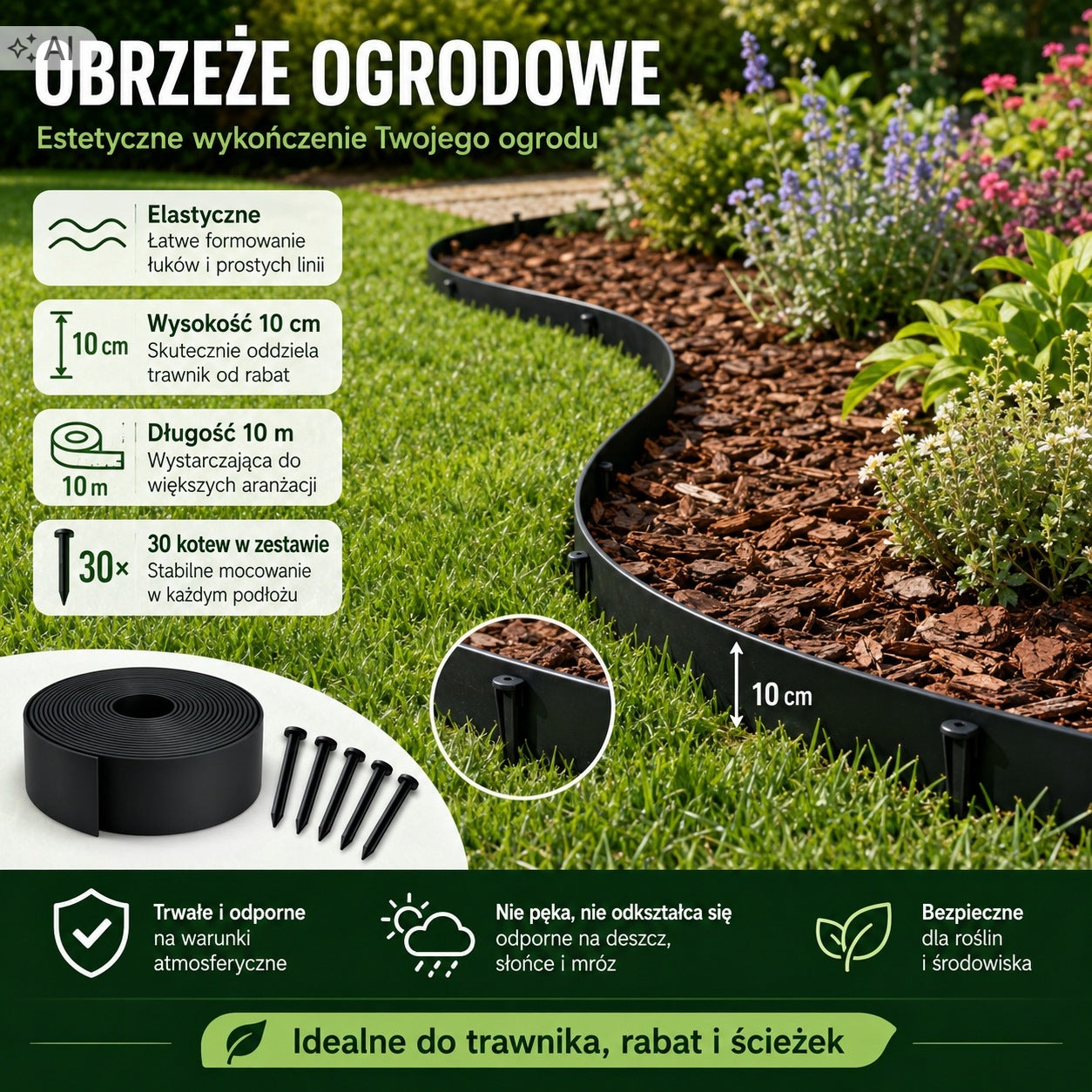 Garden Lawn edging 10m 10cm Thick Elastic 30 Anchors Black Manufacturer code Obrzeże ogrodowe 10cm 10m GERNO