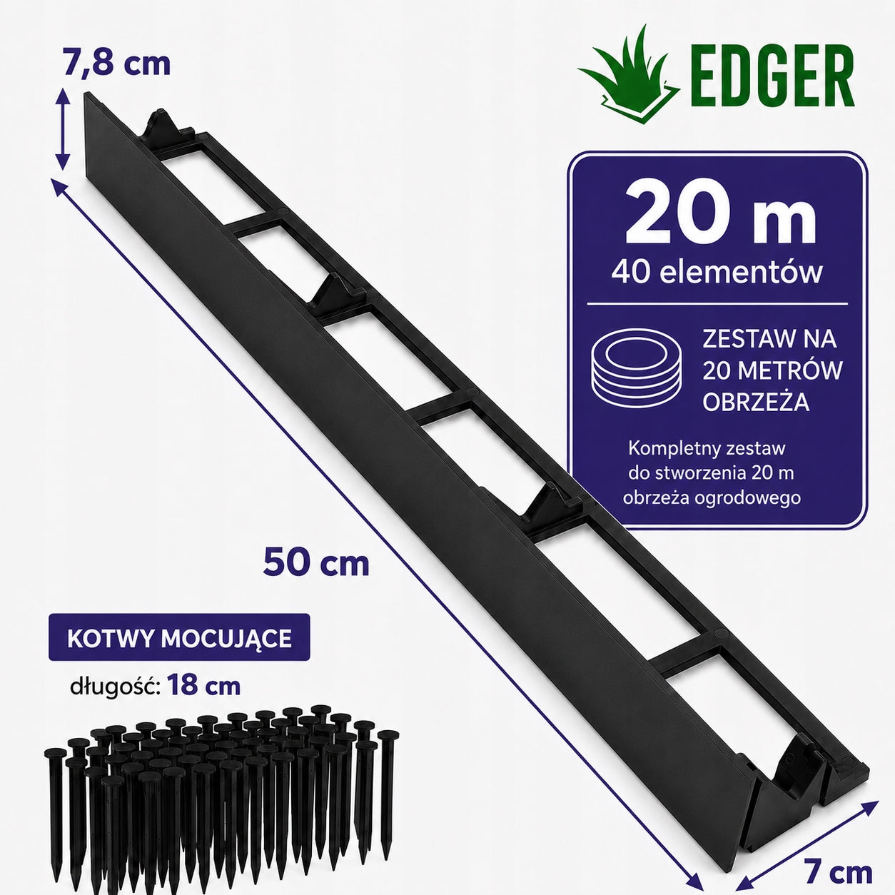 Garden Lawn edging Plastic 4,5cm 45mm 10m + 40 Anchors Packaging status original