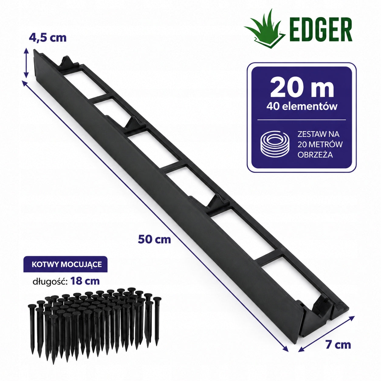 Garden Lawn edging Plastic 4,5cm 45mm 20m + 80 Anchors Packaging status original