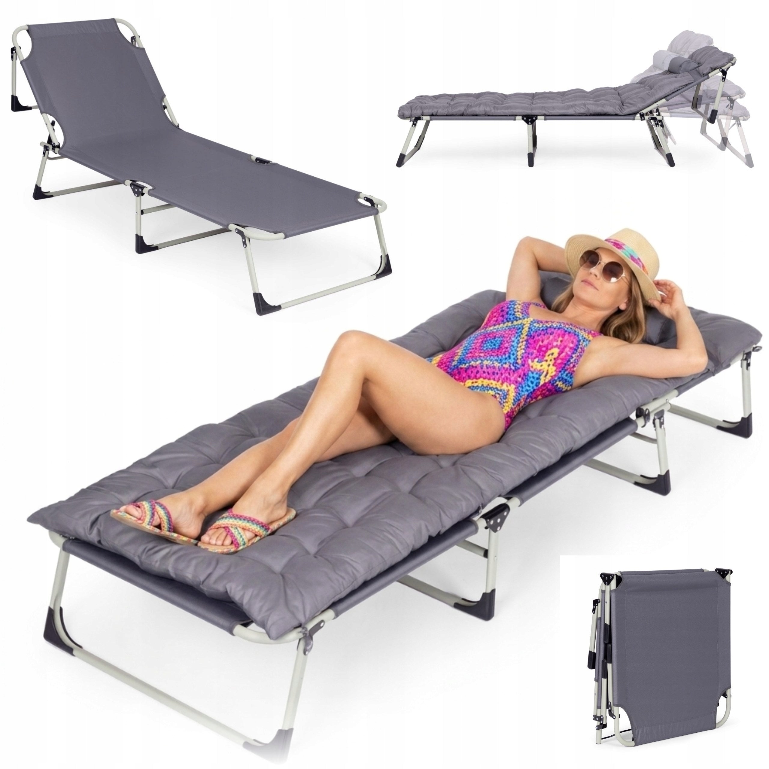 Garden Lounger Couch Fishing Field Bed Folding With Mattress Grey