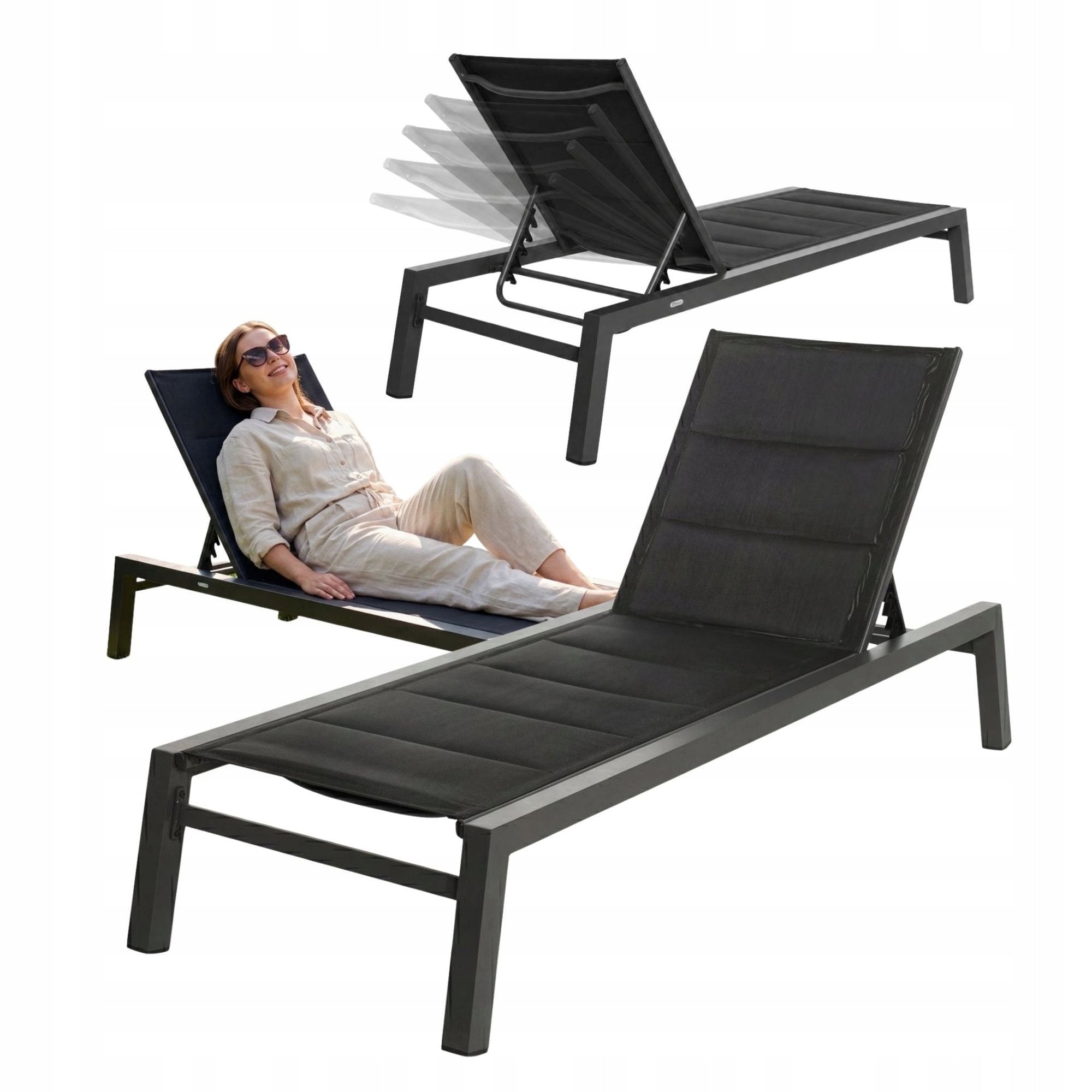 Garden Sun Lounger Aluminum Adjustable 198 cm Textilene Black 120 kg Premium