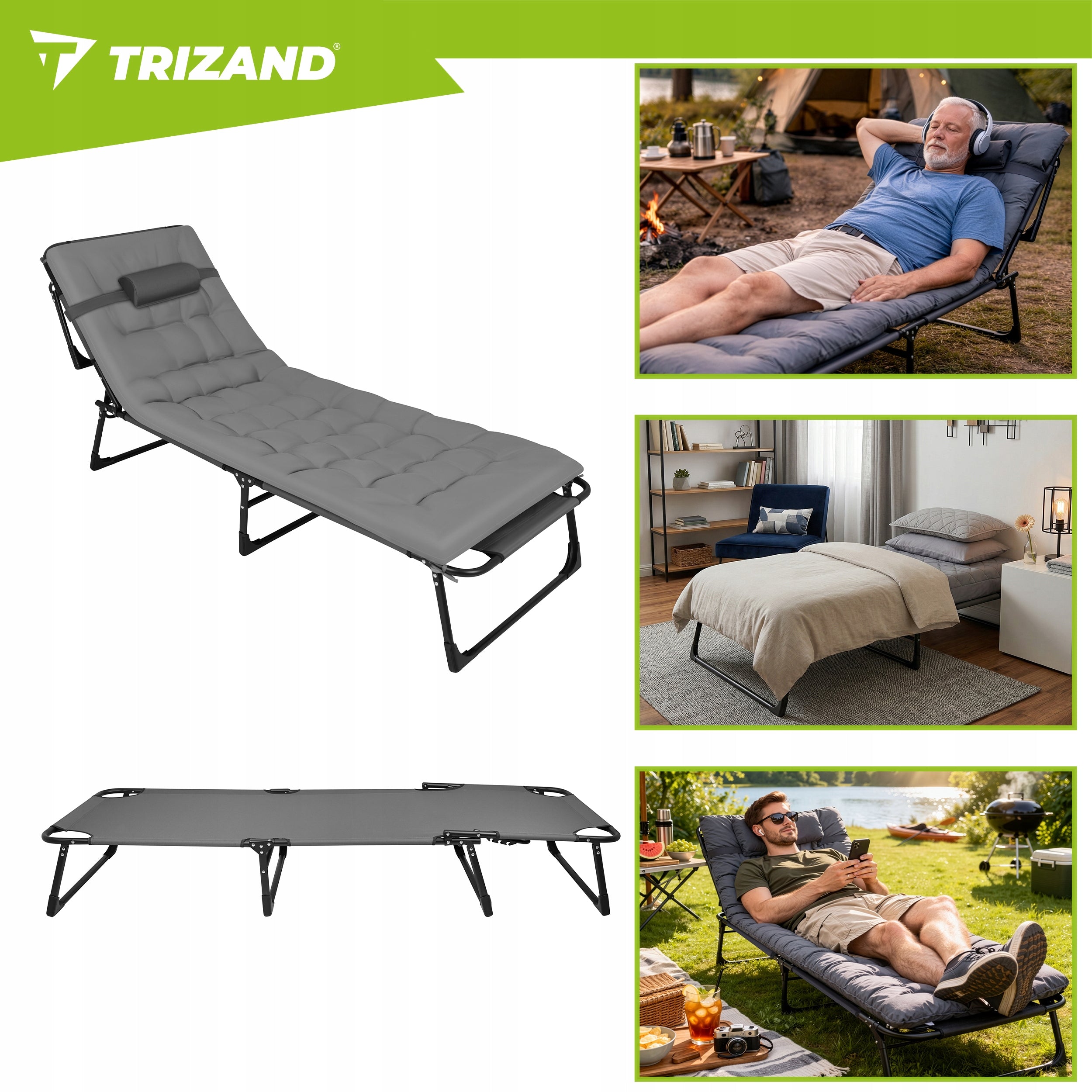 Garden Sun Lounger Folding + Beach Cushion Adjustable Tourist Bed Manufacturer code Leżak ogrodowy składany 27633 Trizand