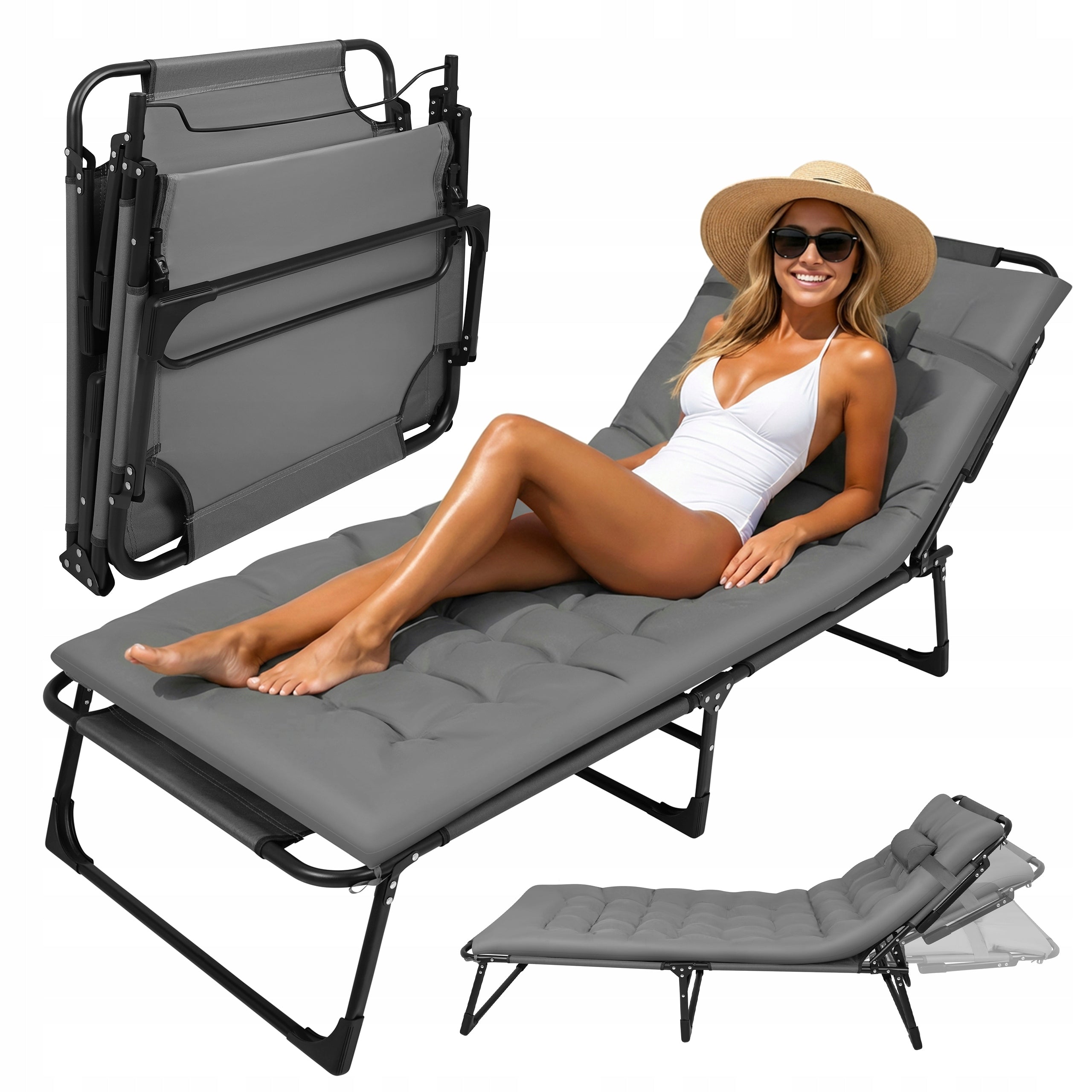 Garden Sun Lounger Folding + Beach Cushion Adjustable Tourist Bed