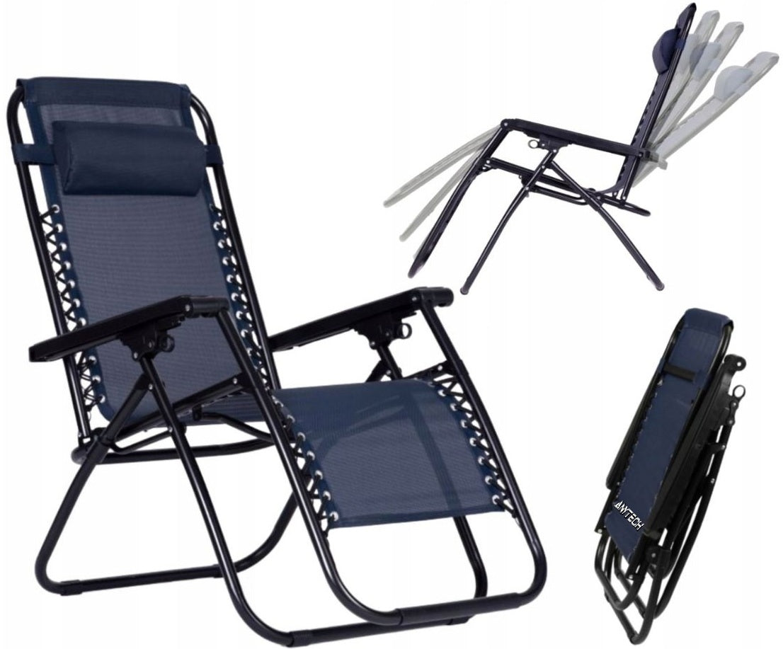 Garden Sun Lounger Folding Zero Gravity Beach Tourist Cushion Navy Blue