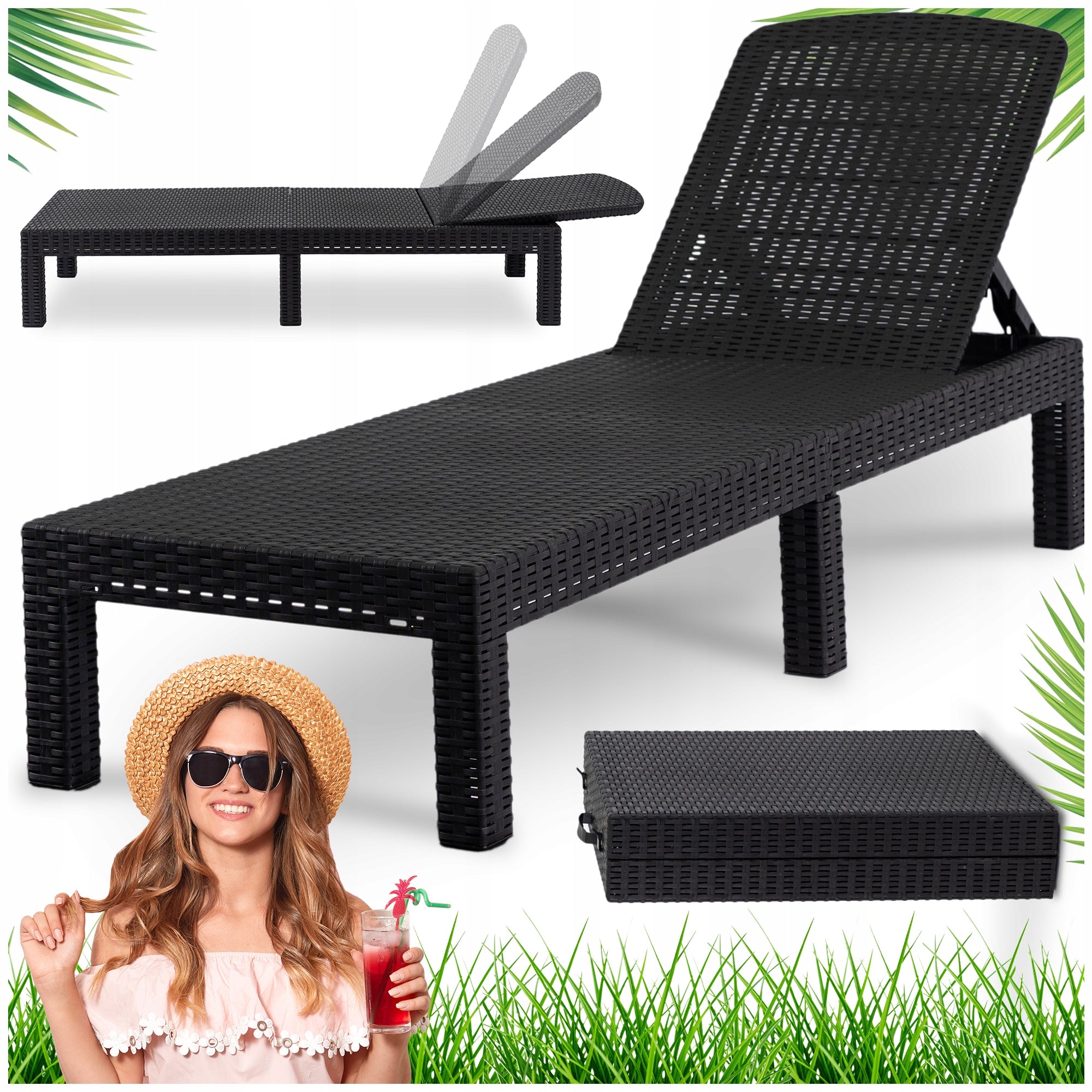 Garden Sun Lounger Tourist Folding Couch Bed Black ARIZONA