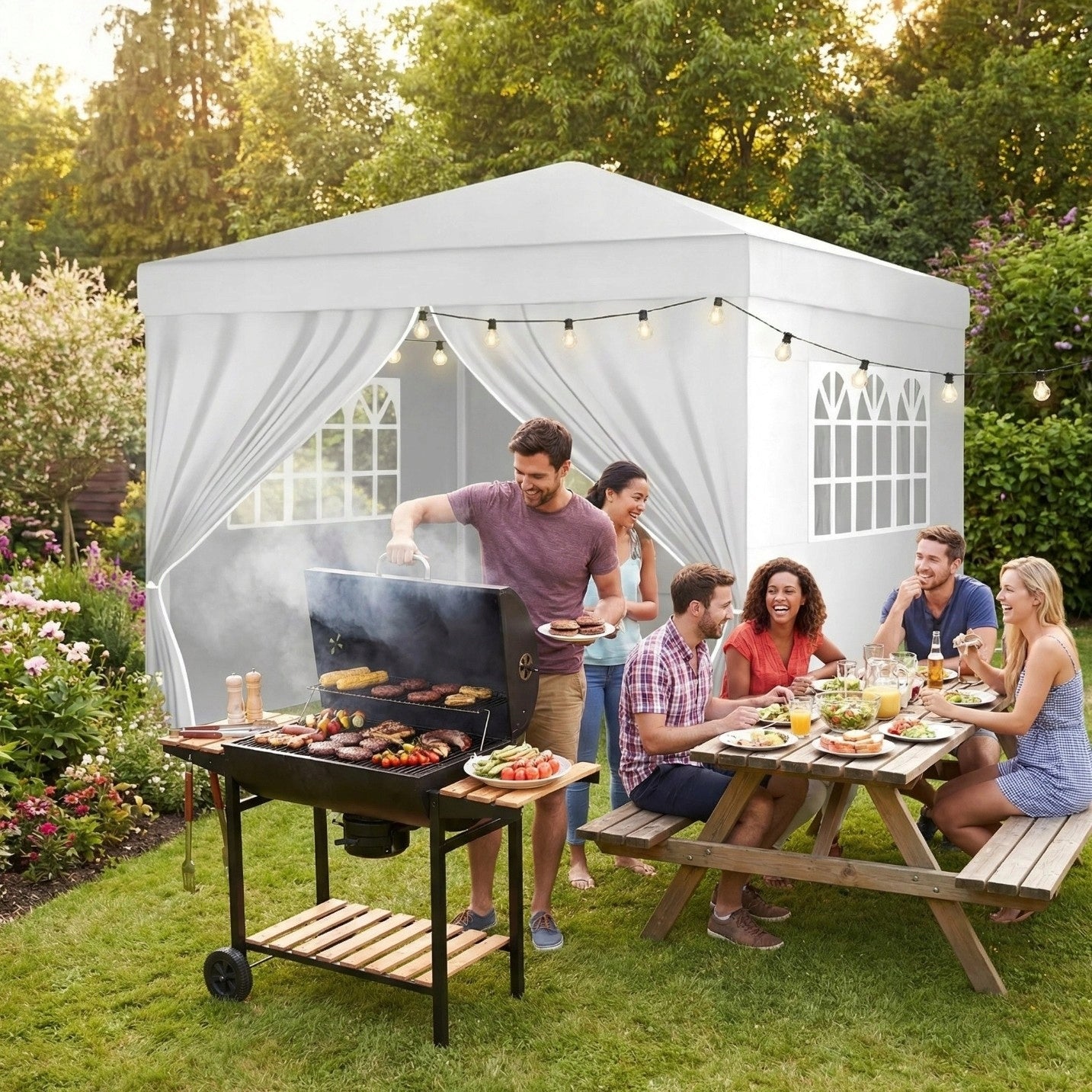 Garden Tent Pavilion Gazebo 290 x 290cm 4 Walls Commercial Folding Strong Packaging status original