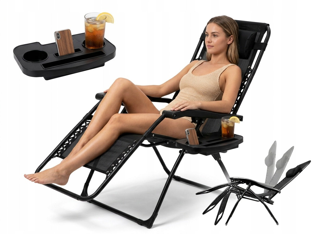 Garden chair sun lounger black adjustable tray headrest Textilene Packaging status original