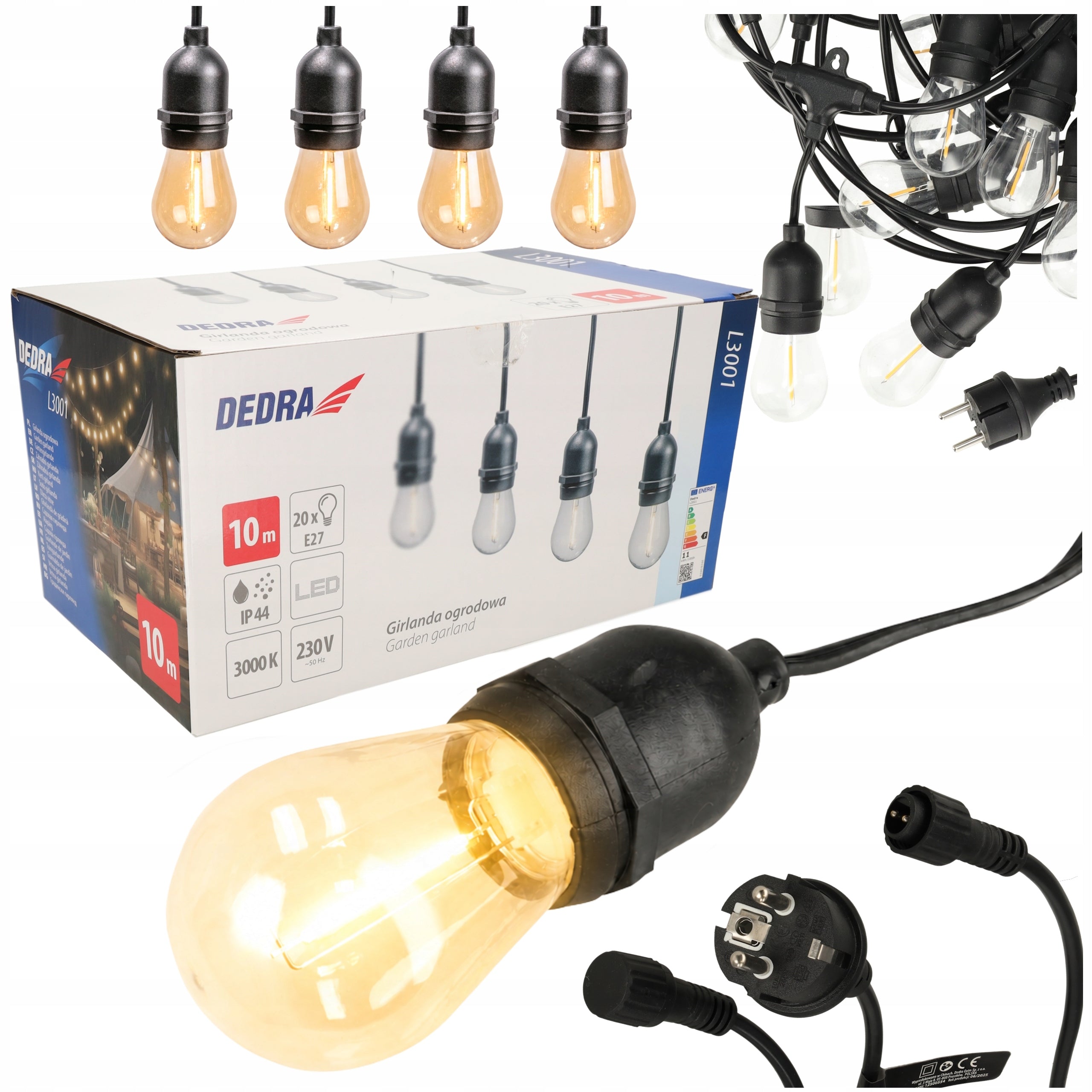 Garden garland light LED lights E27 10 m chain 20 bulbs DEDRA
