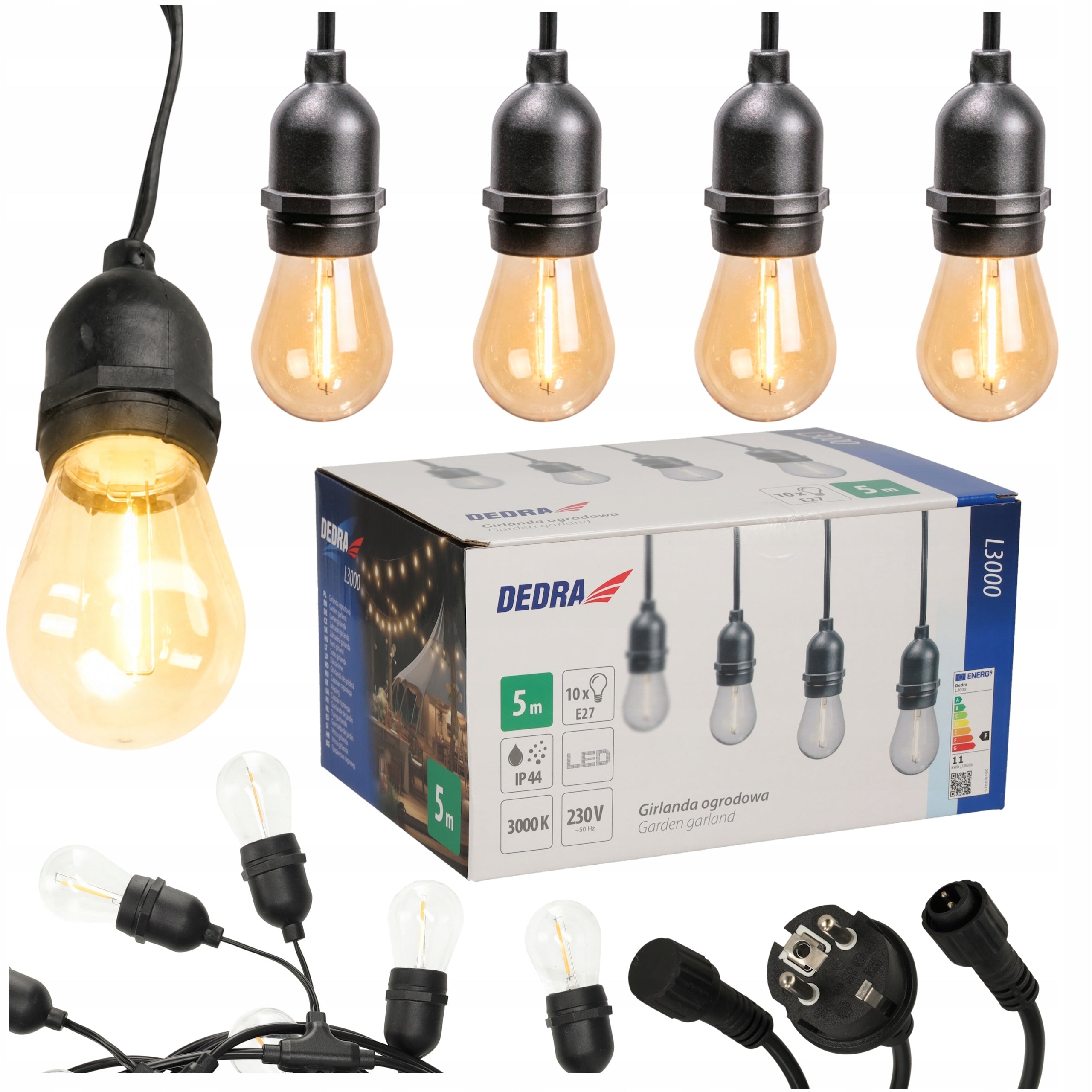 Garden light garland 5m LED lights E27 chain 10 bulbs 3000K DEDRA