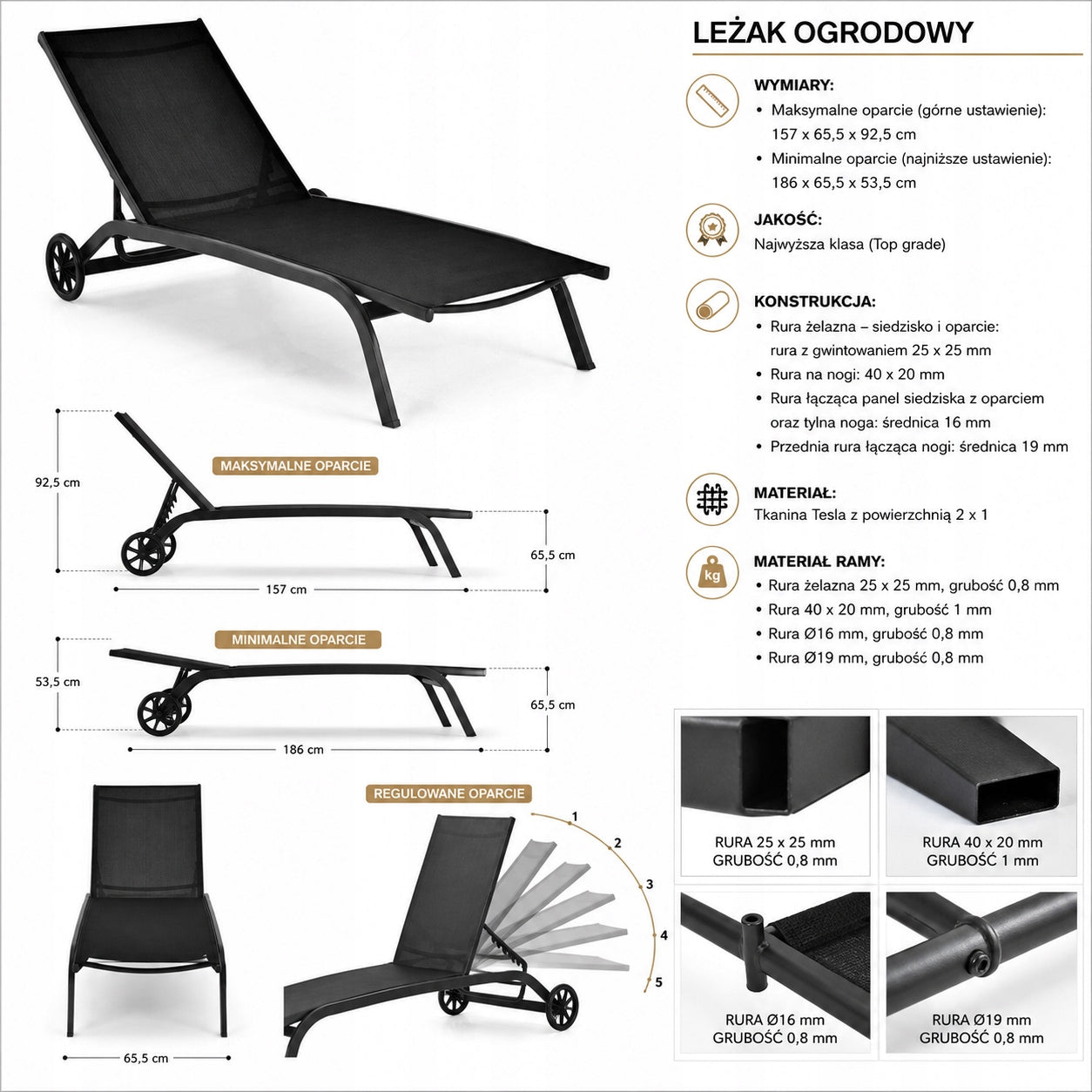 Garden sun lounger on wheels black adjustable premium couch Brand Costway