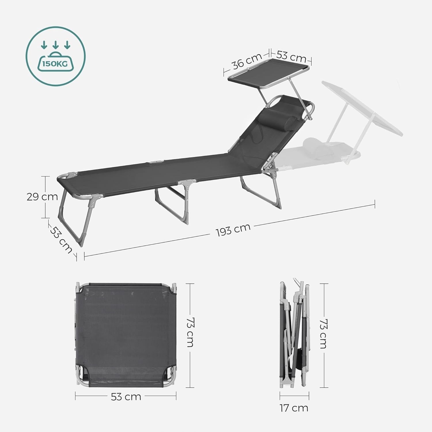 Garden sun lounger with visor adjustable chaise longue 150kg grey Brand Songmics