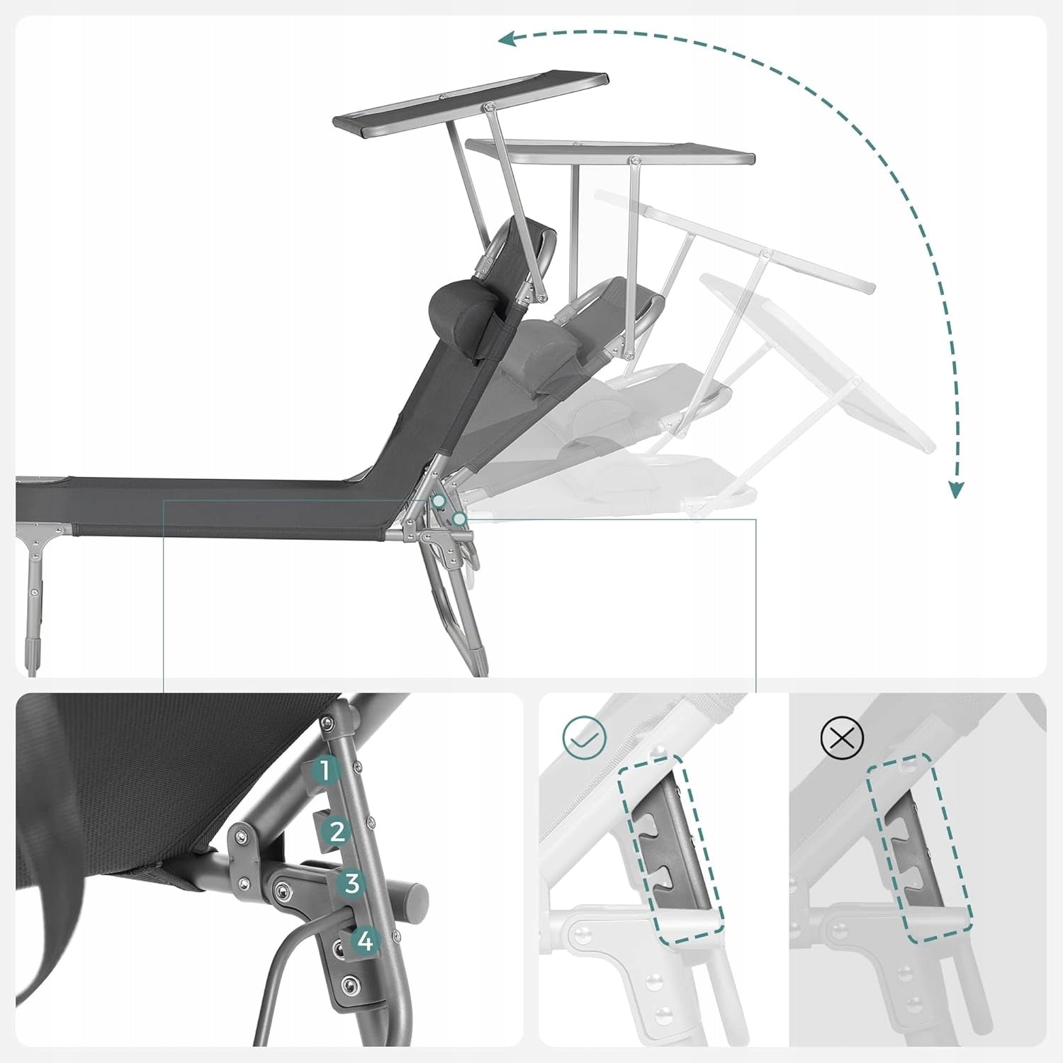 Garden sun lounger with visor adjustable chaise longue 150kg grey Kind sunbed