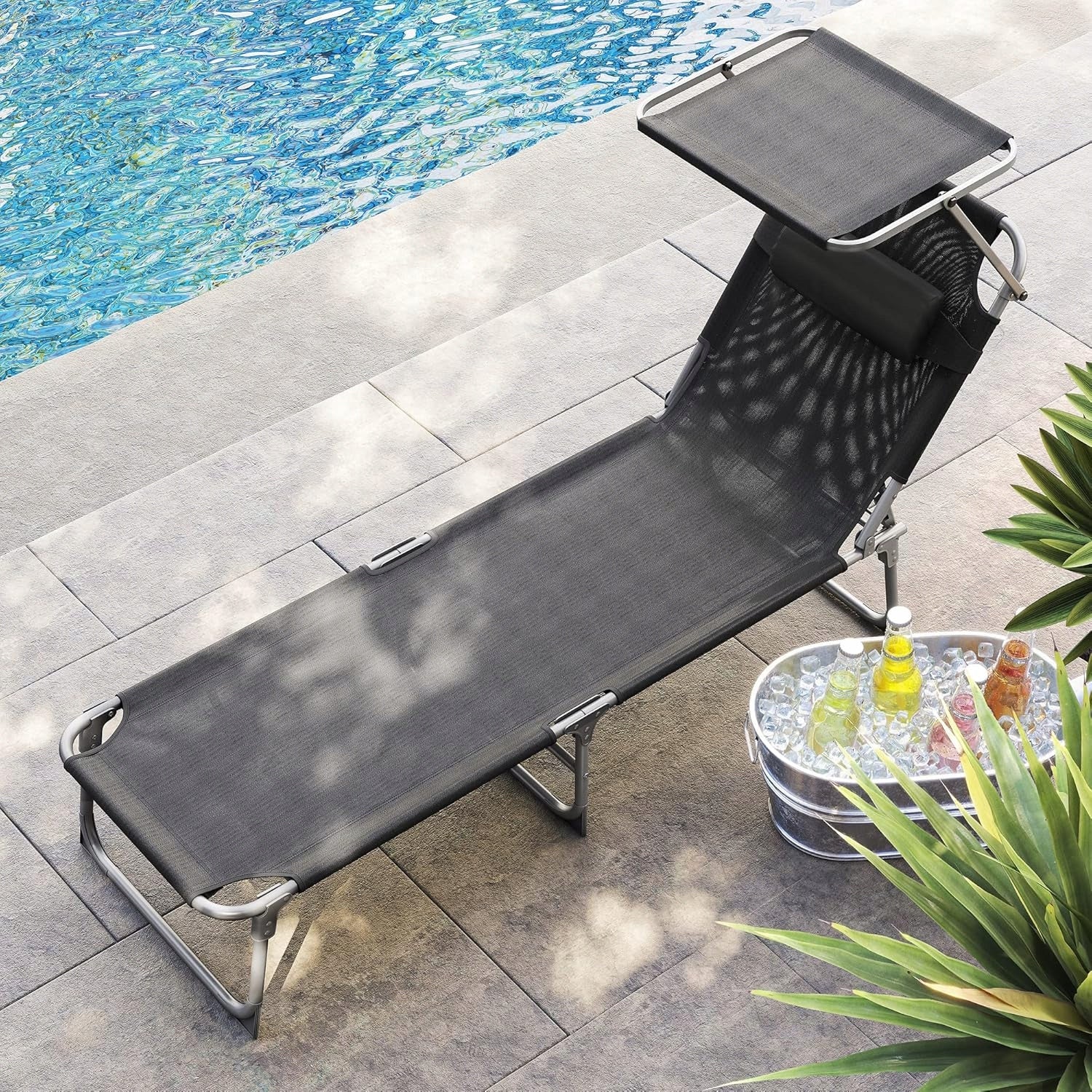 Garden sun lounger with visor adjustable chaise longue 150kg grey Manufacturer code GCB19UV1