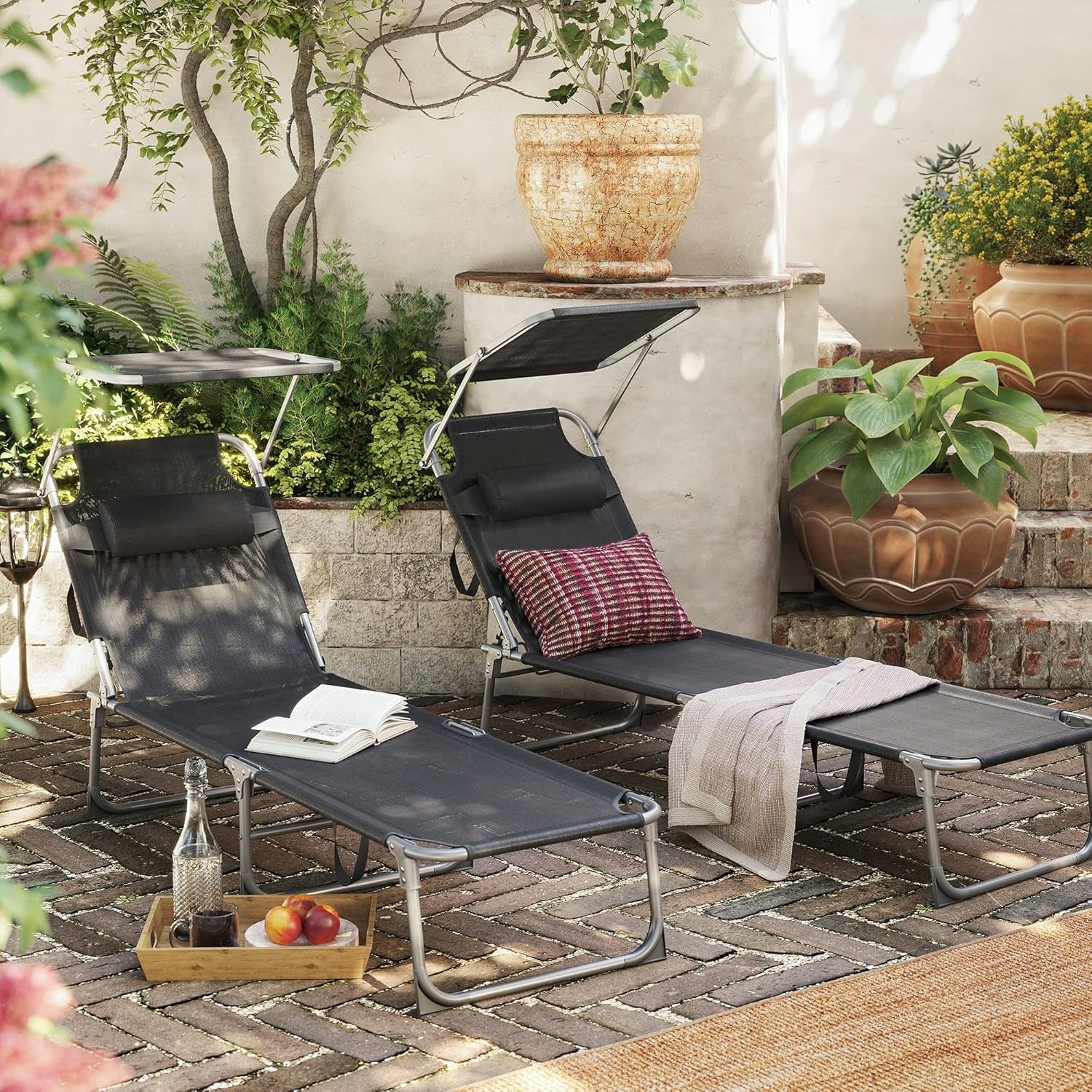 Garden sun lounger with visor adjustable chaise longue 150kg grey Model GCB19UV1