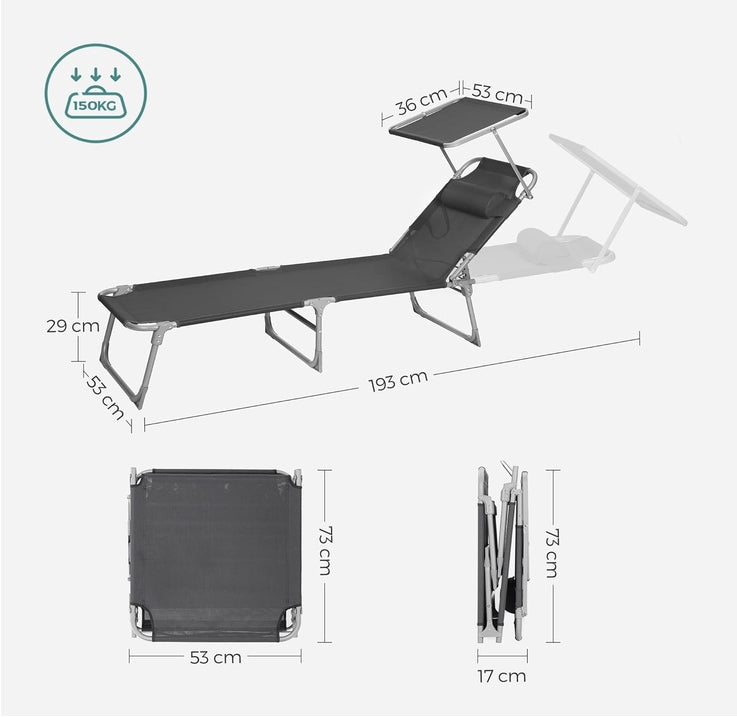 Garden sun lounger with visor headrest dark grey songmics Weight 7.1 kg